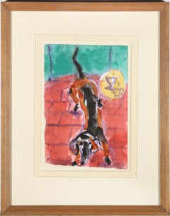 Michael Davis (nato nel 1947) - Acquerello contemporaneo, Bassotto fuori dal caffè
