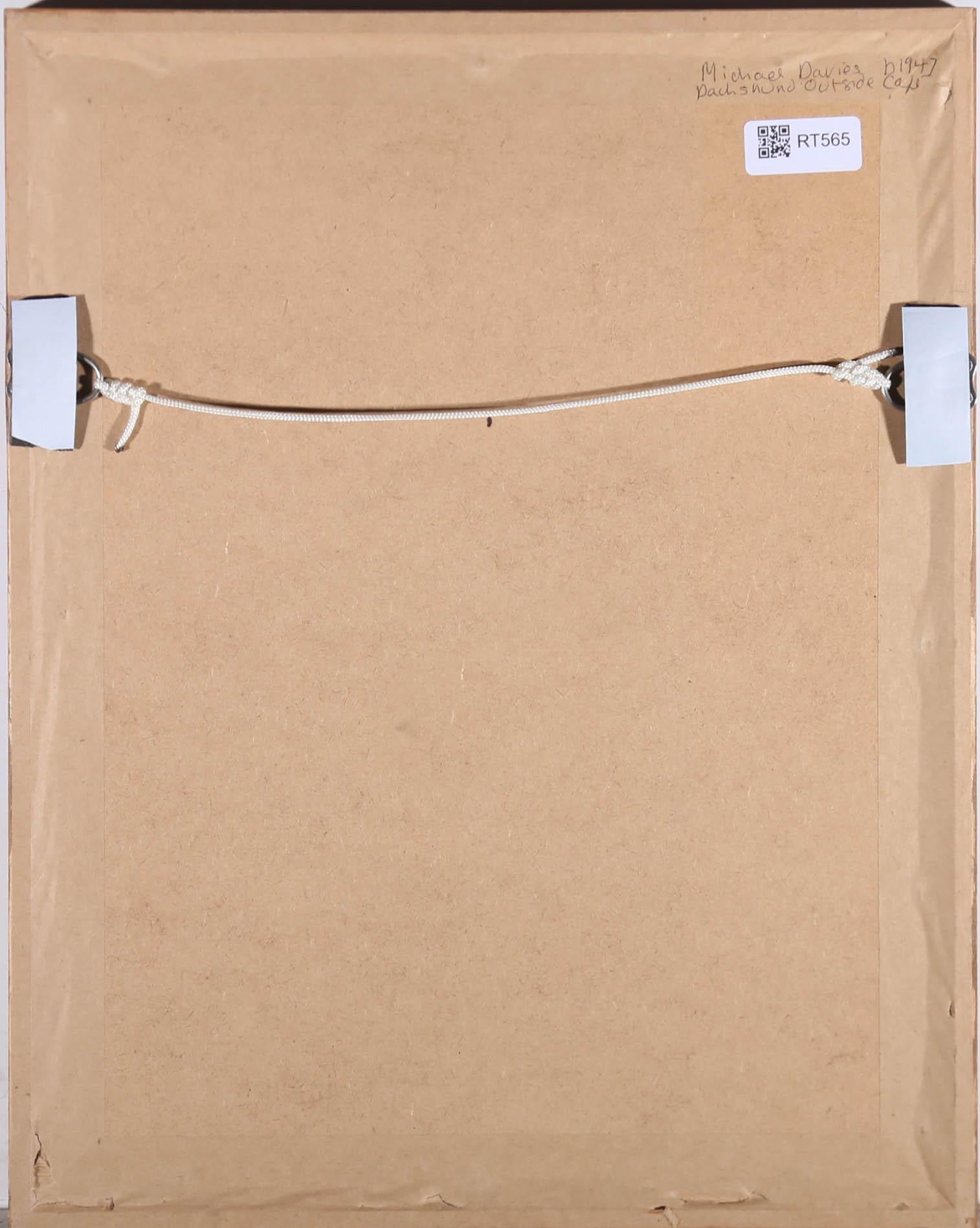 Un acquerello originale dell'artista contemporaneo Michael Davis (nato nel 1947), che raffigura un adorabile bassotto in una posa giocosa. Ben presentato in una cornice in legno naturale con una nitida montatura wash-line. Senza segno. Su carta