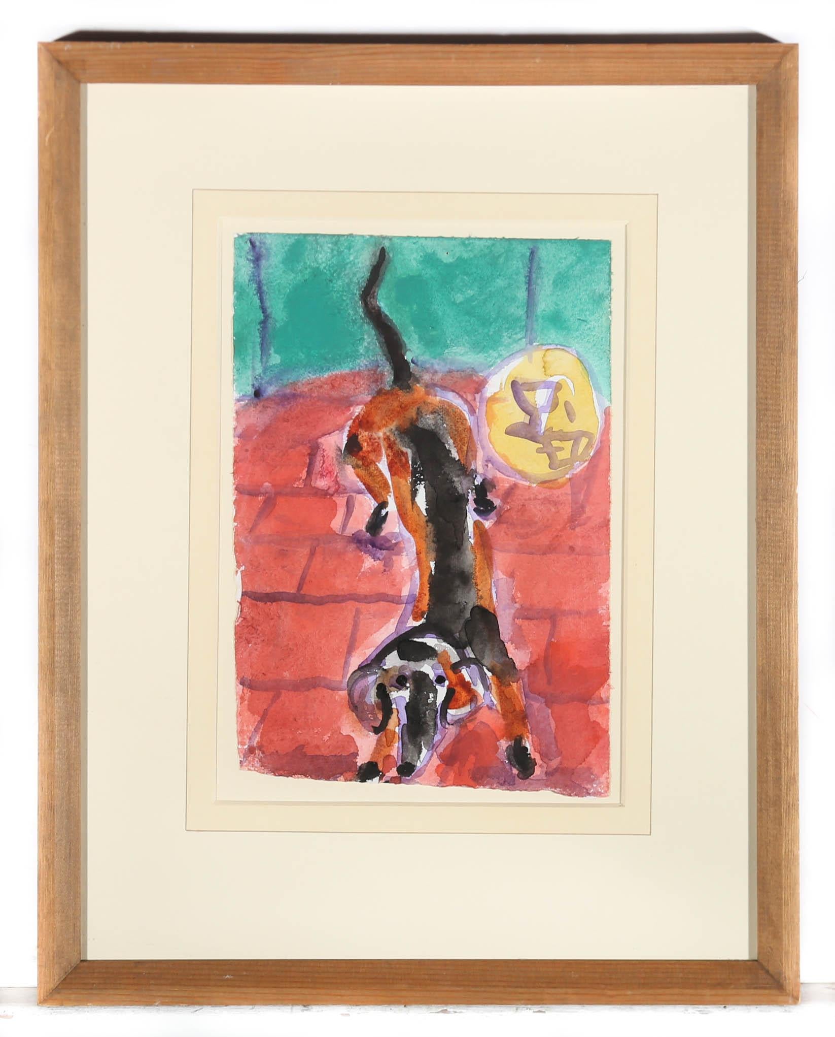 Michael Davis (nato nel 1947) - Acquerello contemporaneo, Bassotto fuori dal caffè - Animal Art Beige di Michael Davies