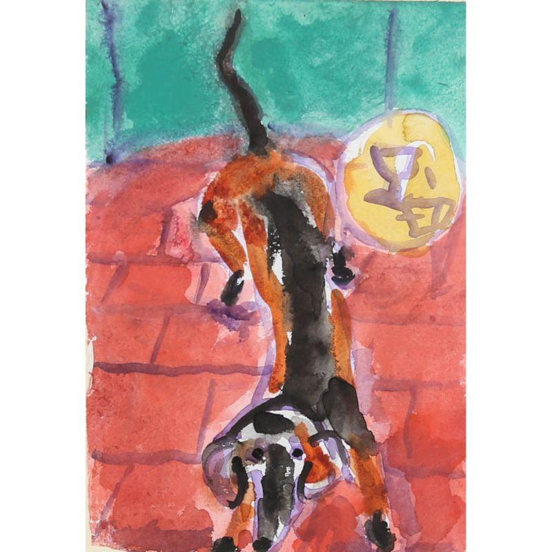 Michael Davis (nato nel 1947) - Acquerello contemporaneo, Bassotto fuori dal caffè - Art di Michael Davies