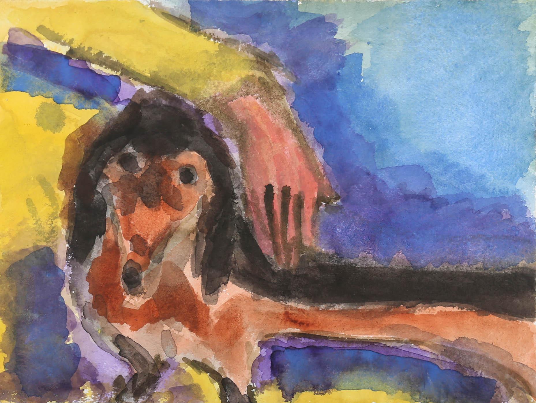 Michael Davis (nato nel 1947) - Acquerello contemporaneo incorniciato, Coccole di Bassotto - Art di Michael Davies