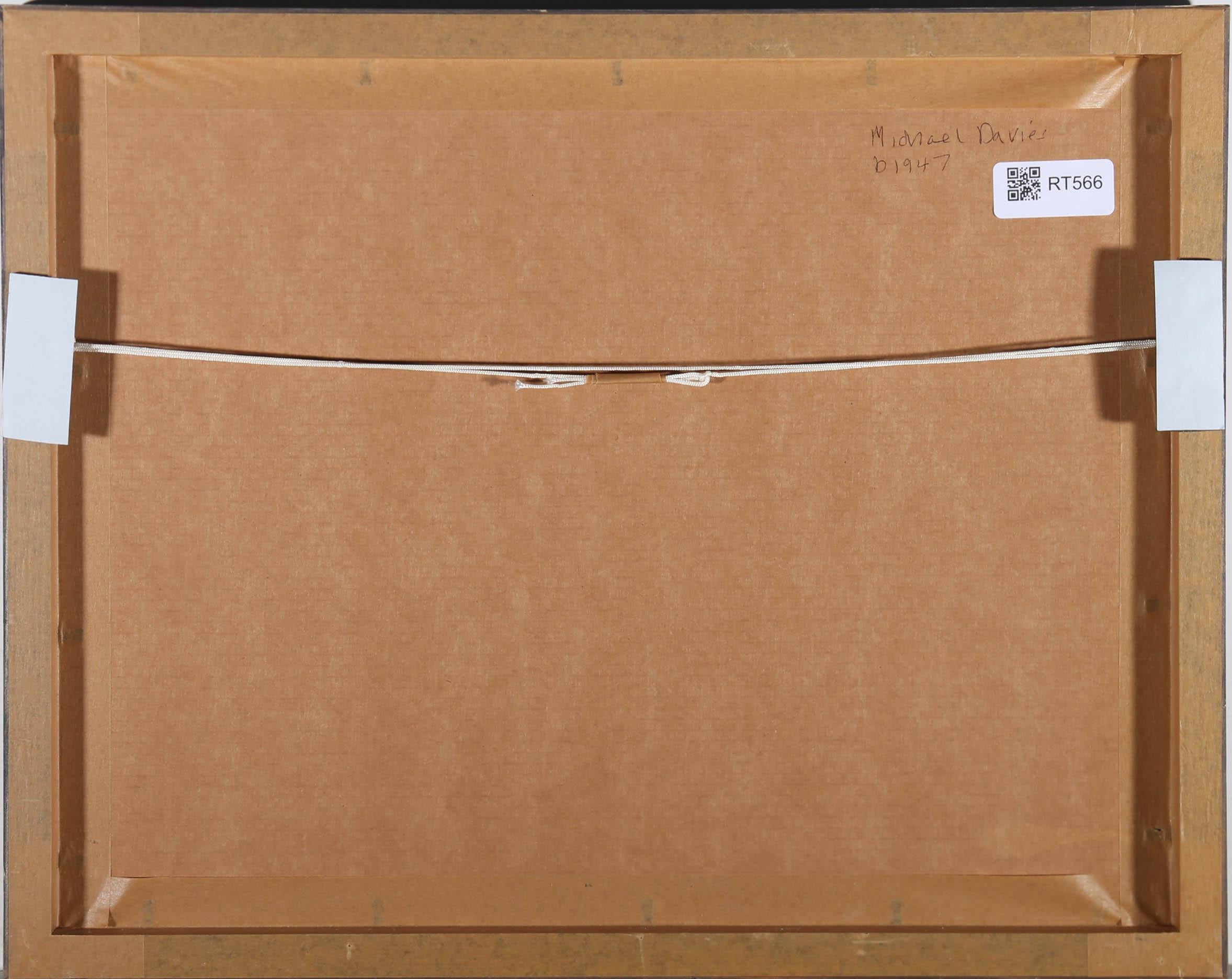 Un acquerello originale dell'artista contemporaneo Michael Davis (nato nel 1947), che raffigura un adorabile bassotto che fa il solletico sul divano. Splendidamente montato su cartoncino bianco in una cornice di legno tinto. Senza segno. Su carta