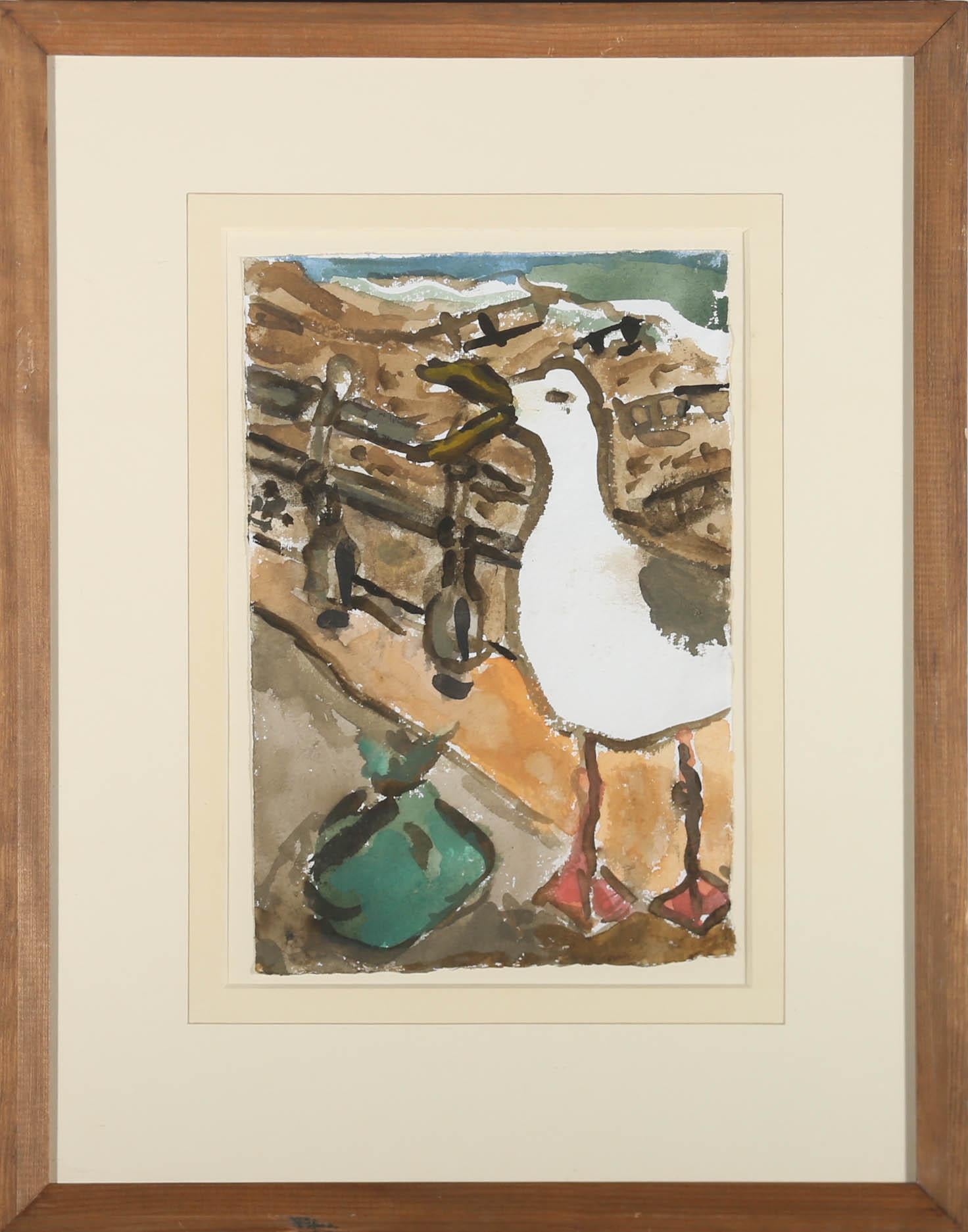 An original watercolour by contemporary artist Michael Davies (b.1947), depicting a squawking gull scavenging for food on a quiet sea wall. Well-presented in a natural wood frame with a crisp wash-line mount. Unsigned. On watercolour paper. 

