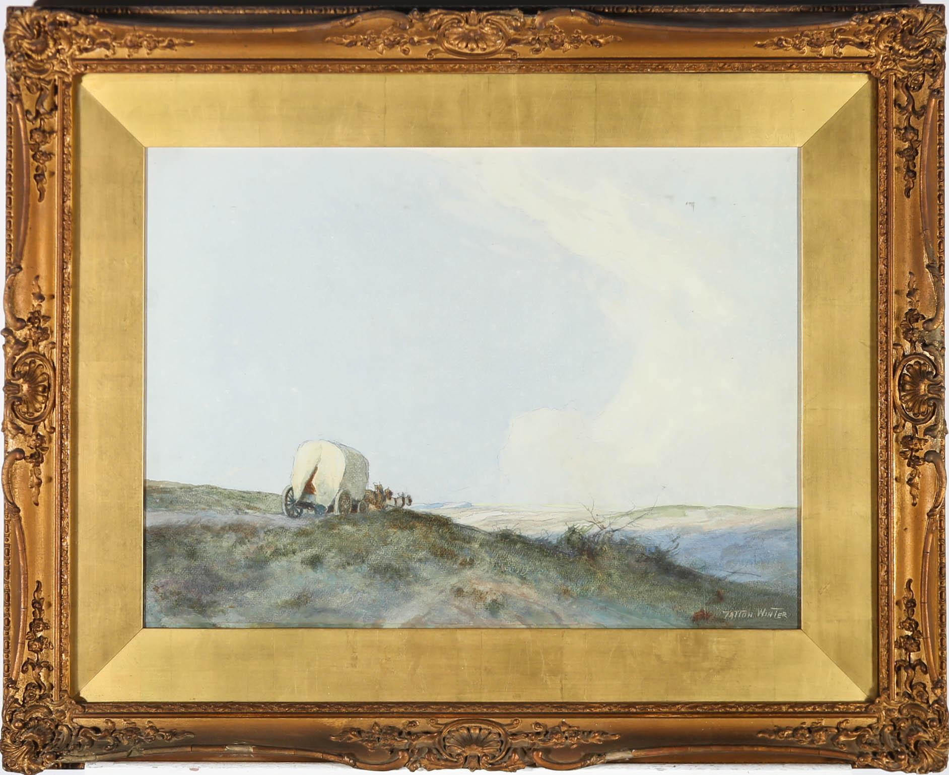 A delightful scene depicting a horse drawn cart in a vast landscape. Signed to the lower right. Presented in a swept gilt frame ornate shall and foliate mouldings. On paper.
