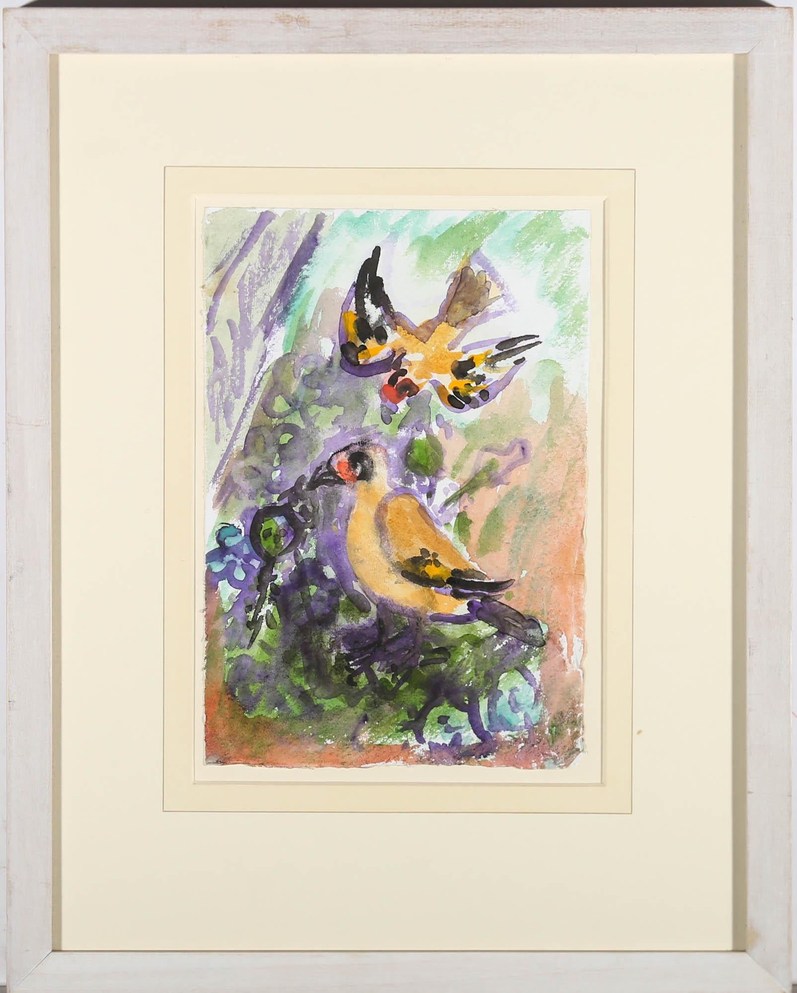 An original watercolour by contemporary artist Michael Davies (b.1947), depicting two colourful goldfinch socialising in the garden. The watercolour has been well-presented in a wash-line mount and lime washed frame. Unsigned. On watercolour paper. 
