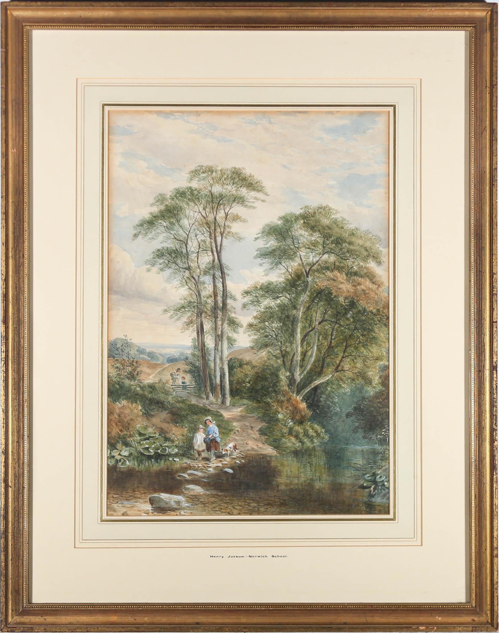 An attractive river scene painted in watercolour by 19th century artist Henry Jutsum (1816-1869). In the foreground a mother and daughter can be seen preparing to cross stepping stones with their skirts up, while father and son tackle the wooden