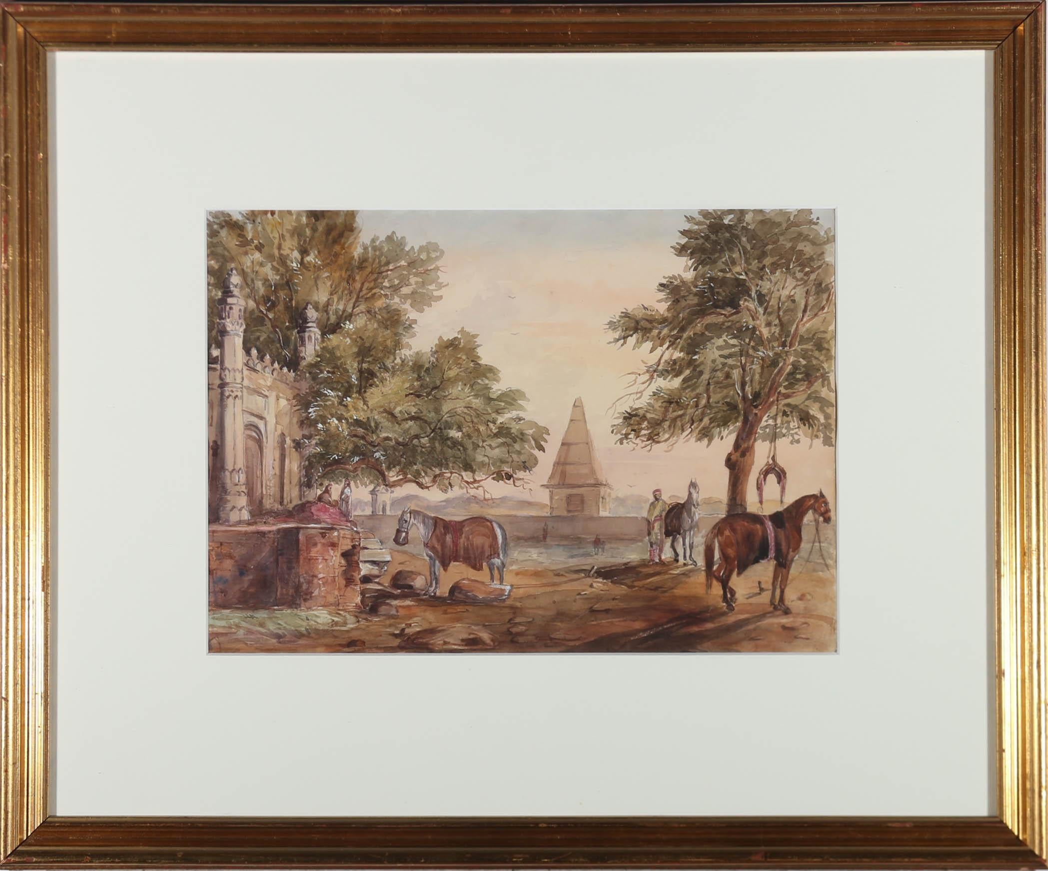 Unknown Landscape Art - Framed Late 19th Century Watercolour - Arabian Horses