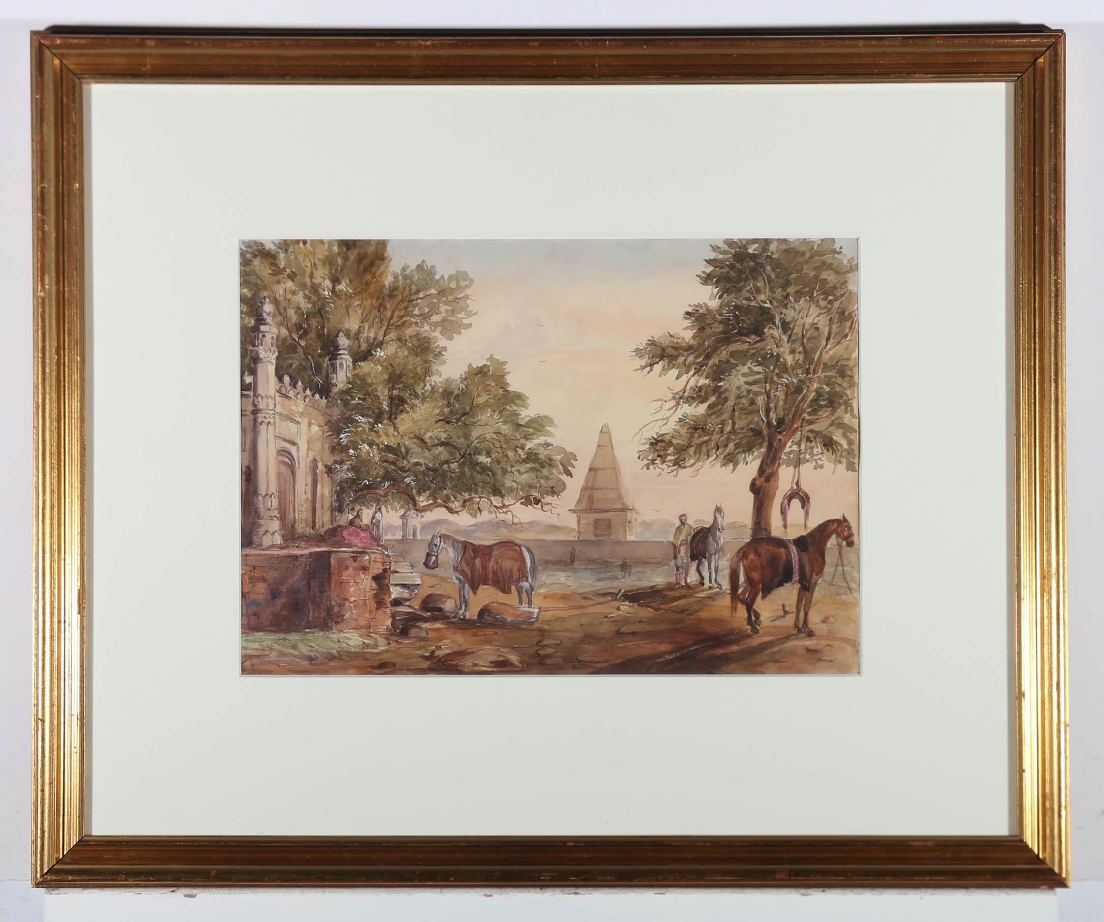A charming late 19th century watercolour of Arabian horses resting with a groom in a middle eastern landscape. Unsigned. Elegantly presented in a contemporary gilt frame with a new card mount. On paper.