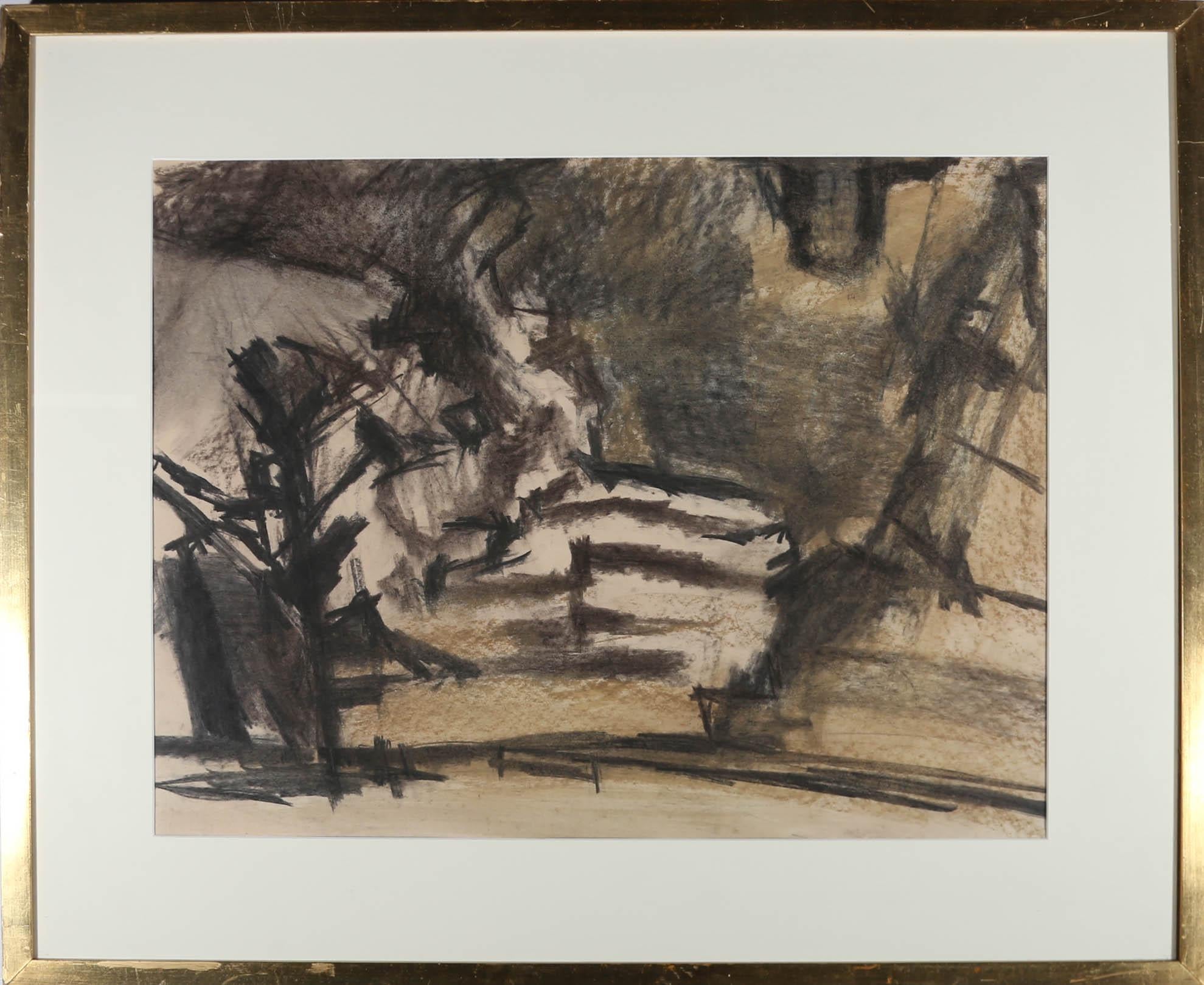 Unknown Landscape Art - 20th Century Charcoal Drawing - Abstracted Landscape
