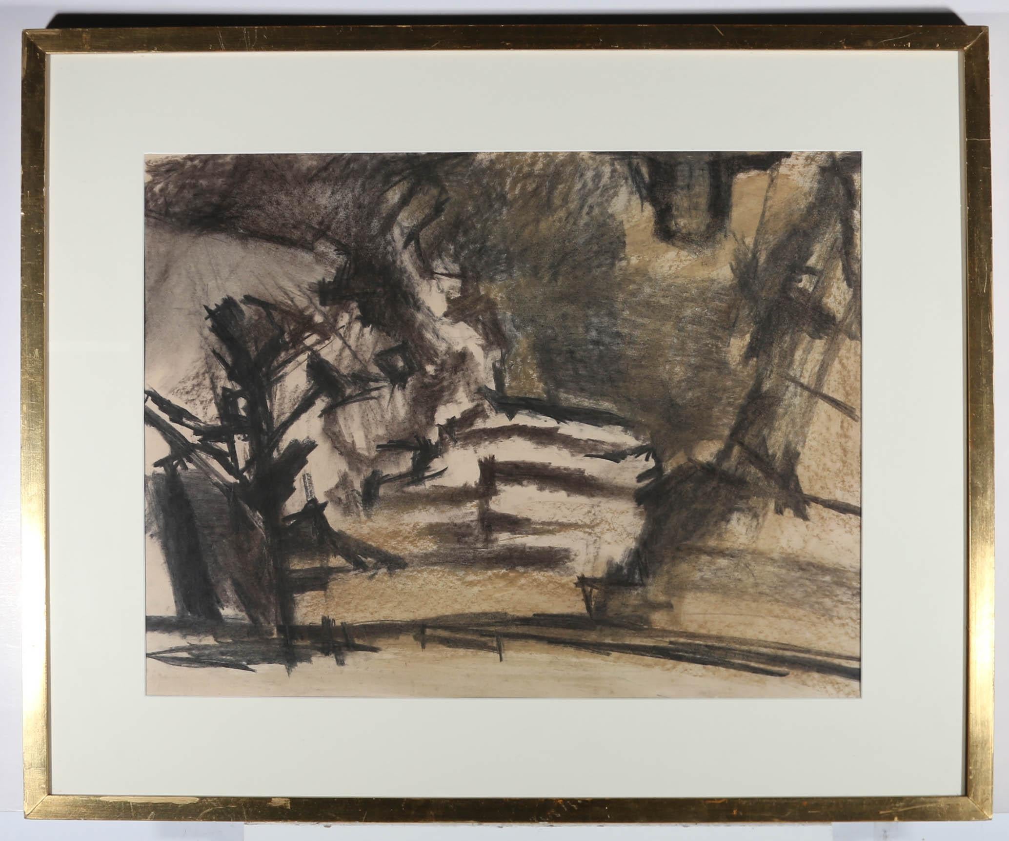 A striking British School abstract landscape in charcoal and coloured chalk. The drawing is unsigned and presented in a simple gilt frame with card mount. On paper.