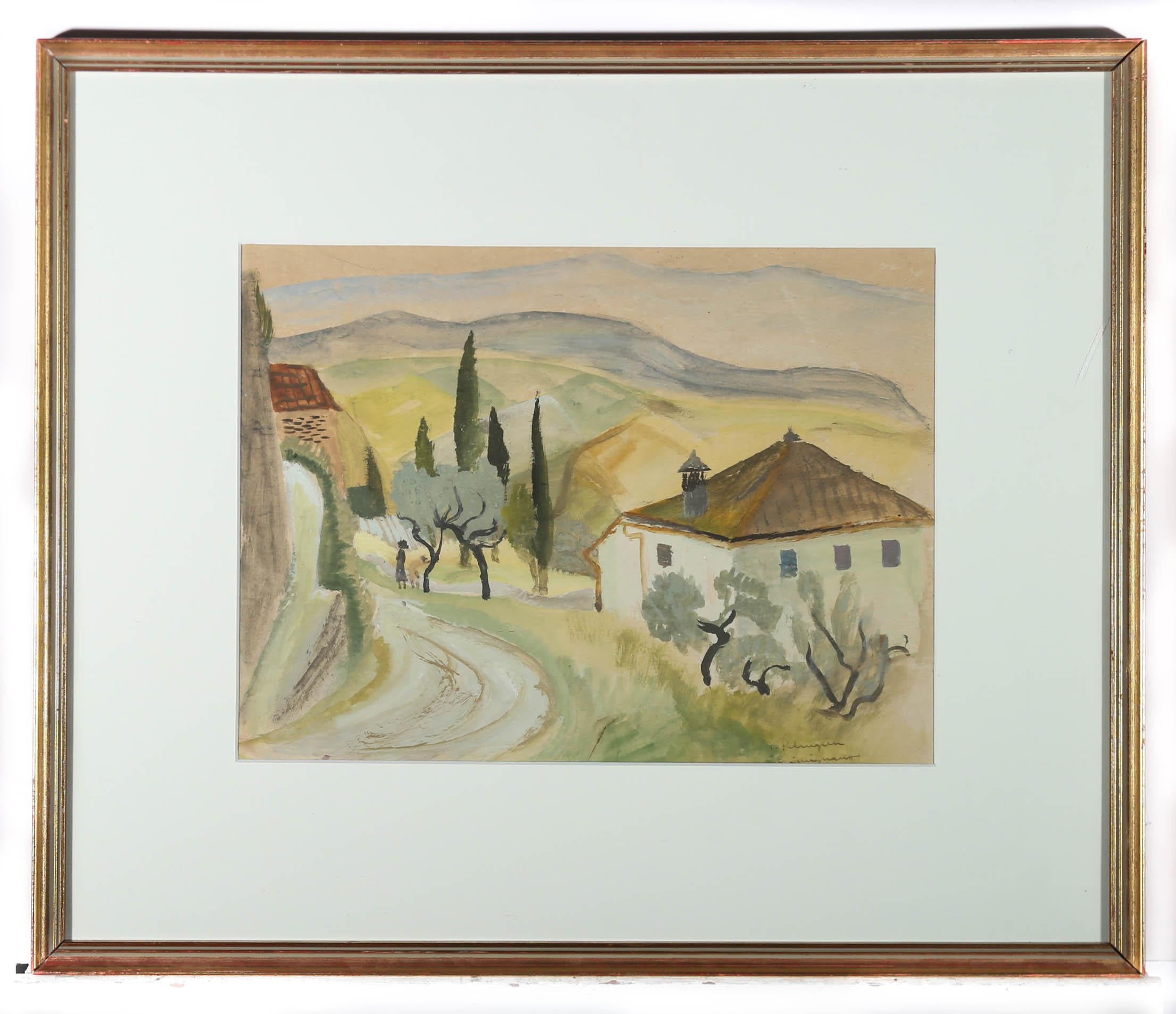 An invigorating village scene in watercolour by Scandinavian artist Inga Palmgren (1914-2008). Here Palmgren has captured a country road sweeping passed village houses and patchwork fields in a charming mid century style. Signed in graphite to the