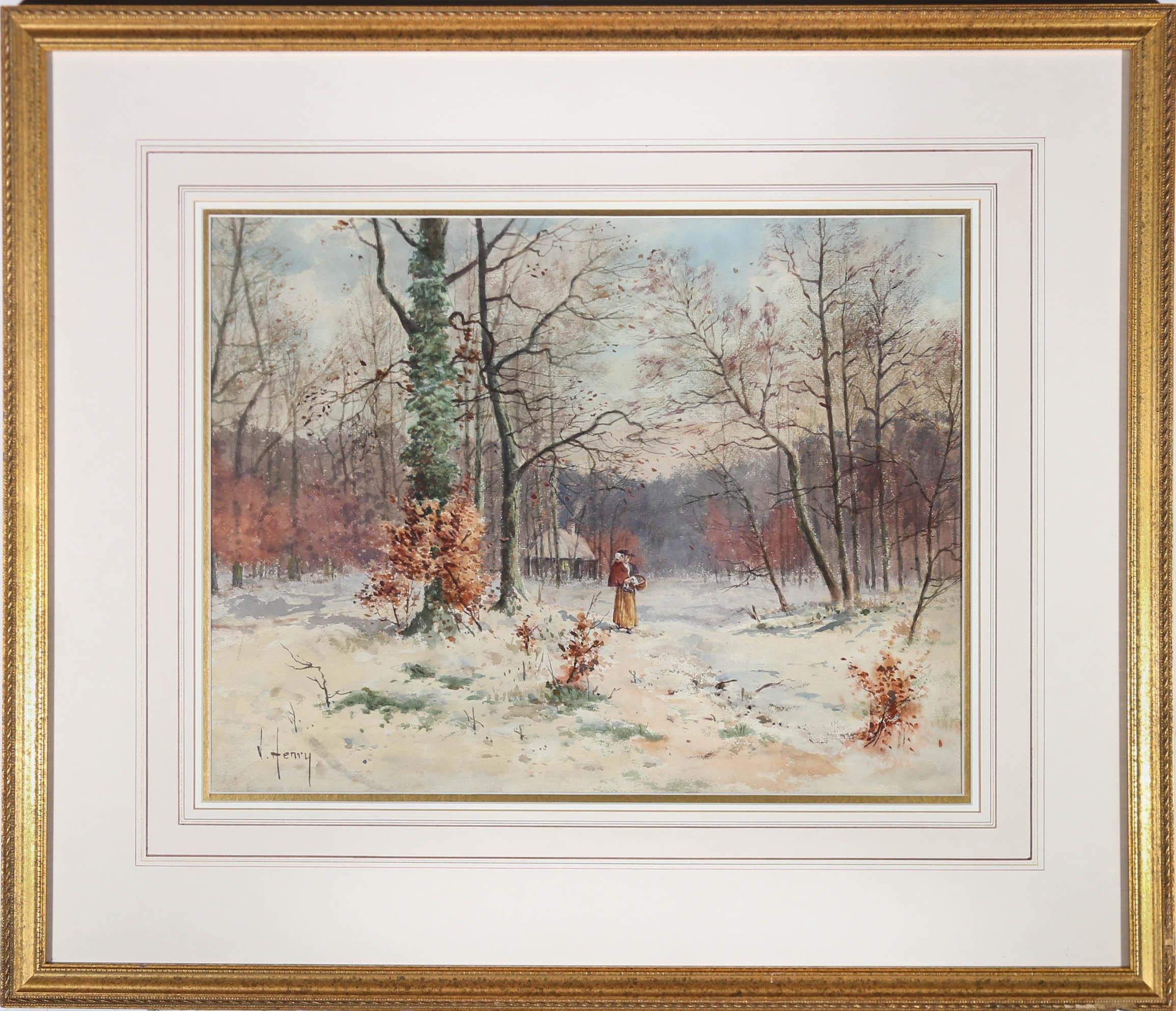 Setting off on a morning errand, this delicate watercolour depicts a mother and child walking through woodland on a winter's day. In the background sits the gamekeeper's cottage, cosy and warm with a smoking fire. The watercolour has been signed by