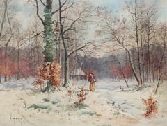 J. Henry - Aquarelle encadrée du 19ème siècle, « Walking Through Woods »