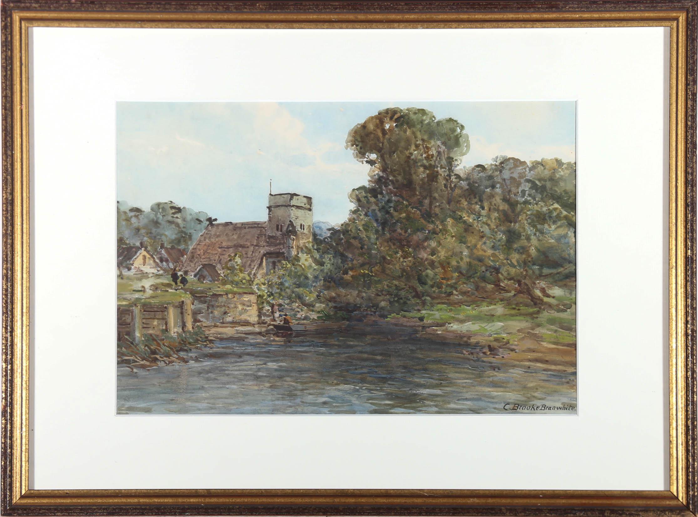 A fine landscape painting by Charles Brooke Branwhite (1851-1929), depicting a view along the River Thames towards the village of Goring, with punting boats moored along the river bank. Signed to the lower right. Elegantly presented in an attractive