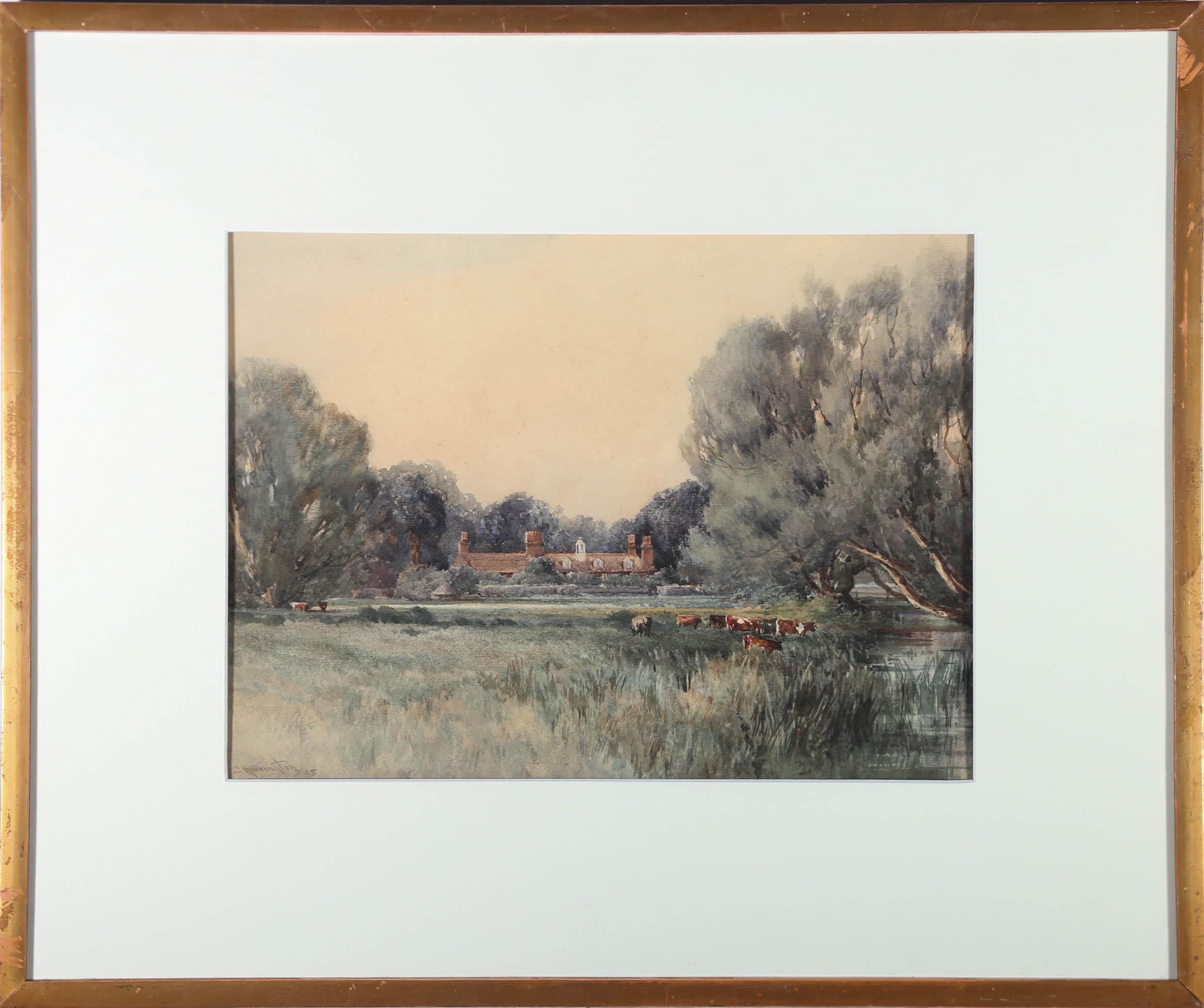 A fine early 20th century watercolour depicting inquisitive cattle grazing by the river. The pastoral landscape looks luscious and green, situated behind a long manor farm building. The painting has been signed and dated to the lower left. Elegantly