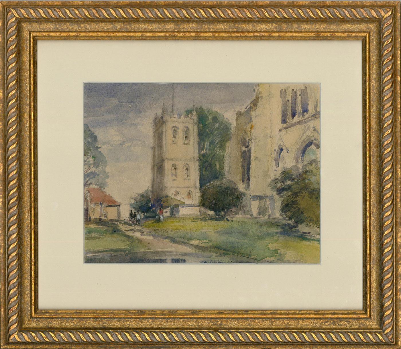 Greens and blues wash over the page in this summer view of Berkeley church. Signed by the artist below the mount. Presented in a beautiful contemporary gilt frame with rope running pattern. On watercolour paper.