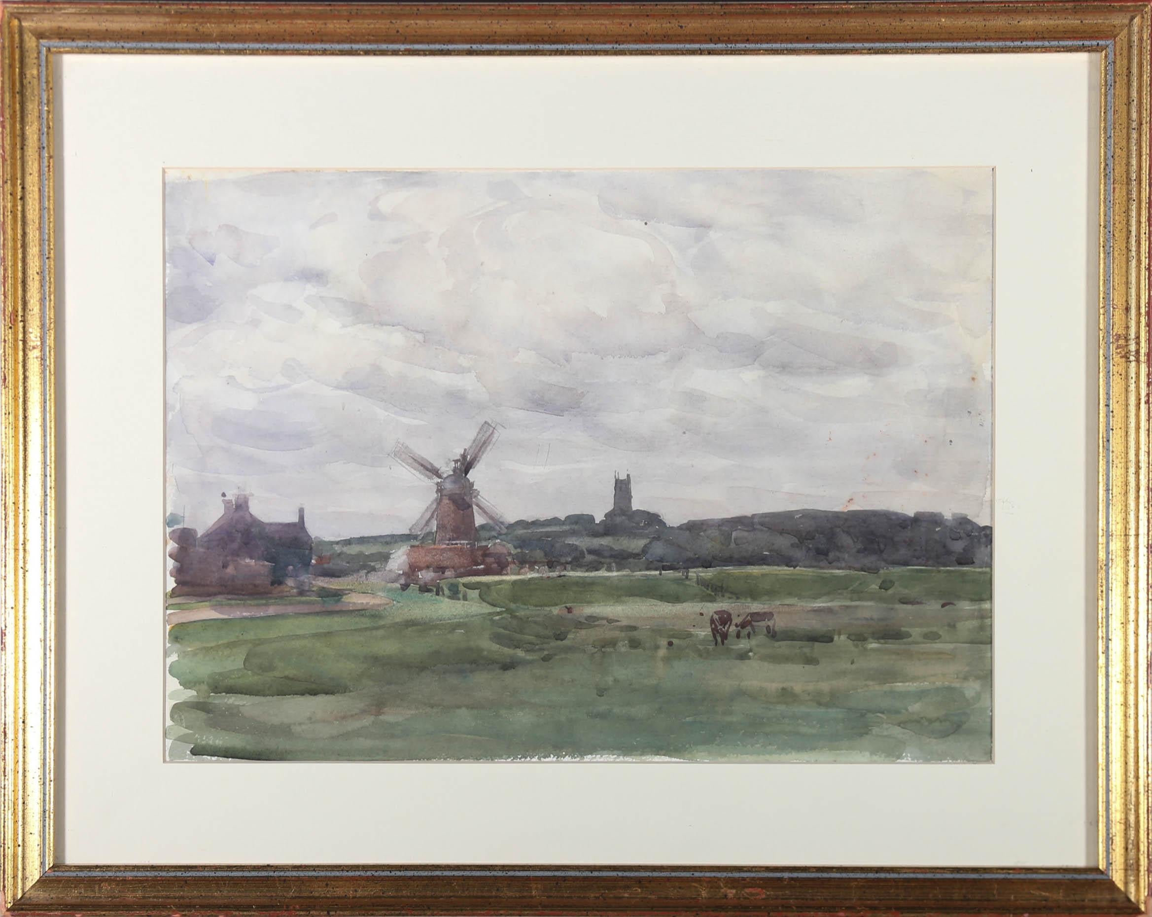Henry Charles Brewer RI Landscape Art - Attrib. Henry Brewer RI (1866-1950) - Watercolour, Windmill and Church Tower
