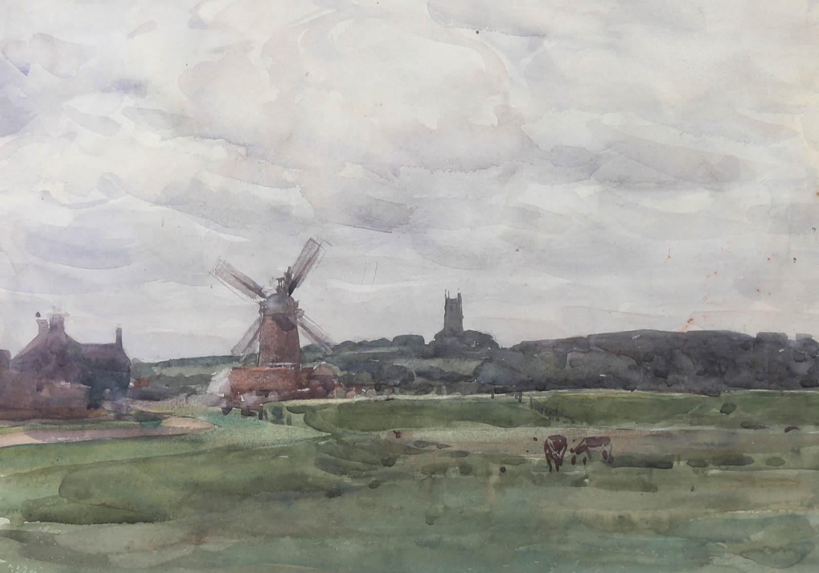 Attrib. Henry Brewer RI (1866-1950) - Watercolour, Windmill and Church Tower - Art by Henry Charles Brewer RI
