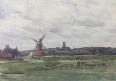 Attrib. Henry Brewer RI (1866-1950) - Watercolour, Windmill and Church Tower