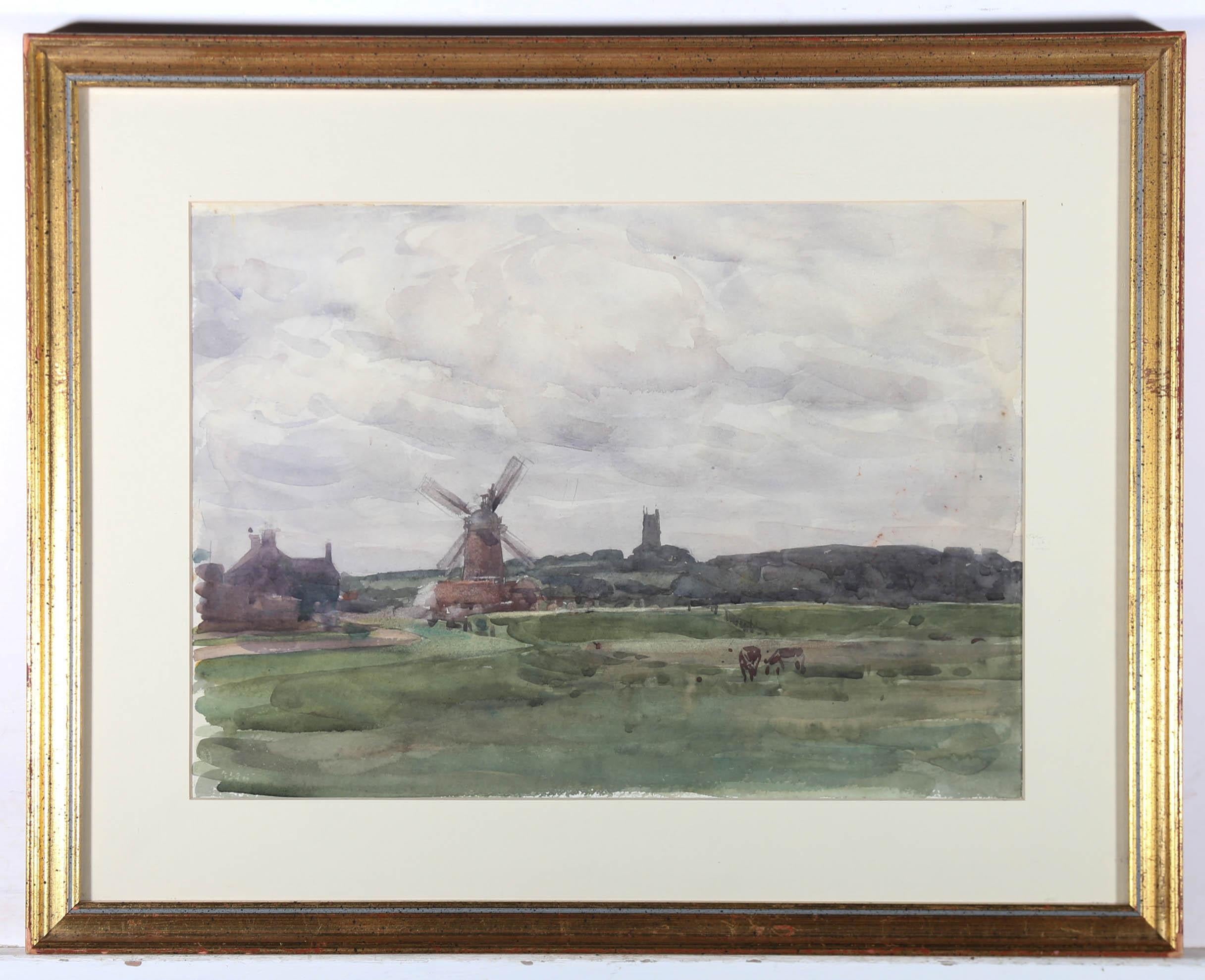 A fine early 20th century watercolour by Henry Charles Brewer RI (1866-1950), depicting a country landscape with spinning windmill and church tower. Elegantly mounted in a gilt-effect frame. On watercolour paper. 