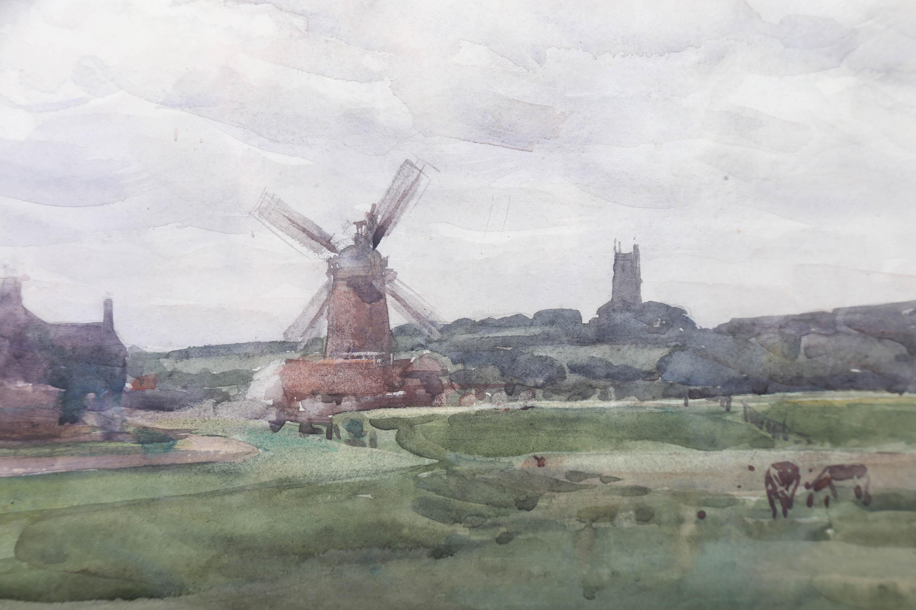 Attrib. Henry Brewer RI (1866-1950) - Watercolour, Windmill and Church Tower For Sale 2
