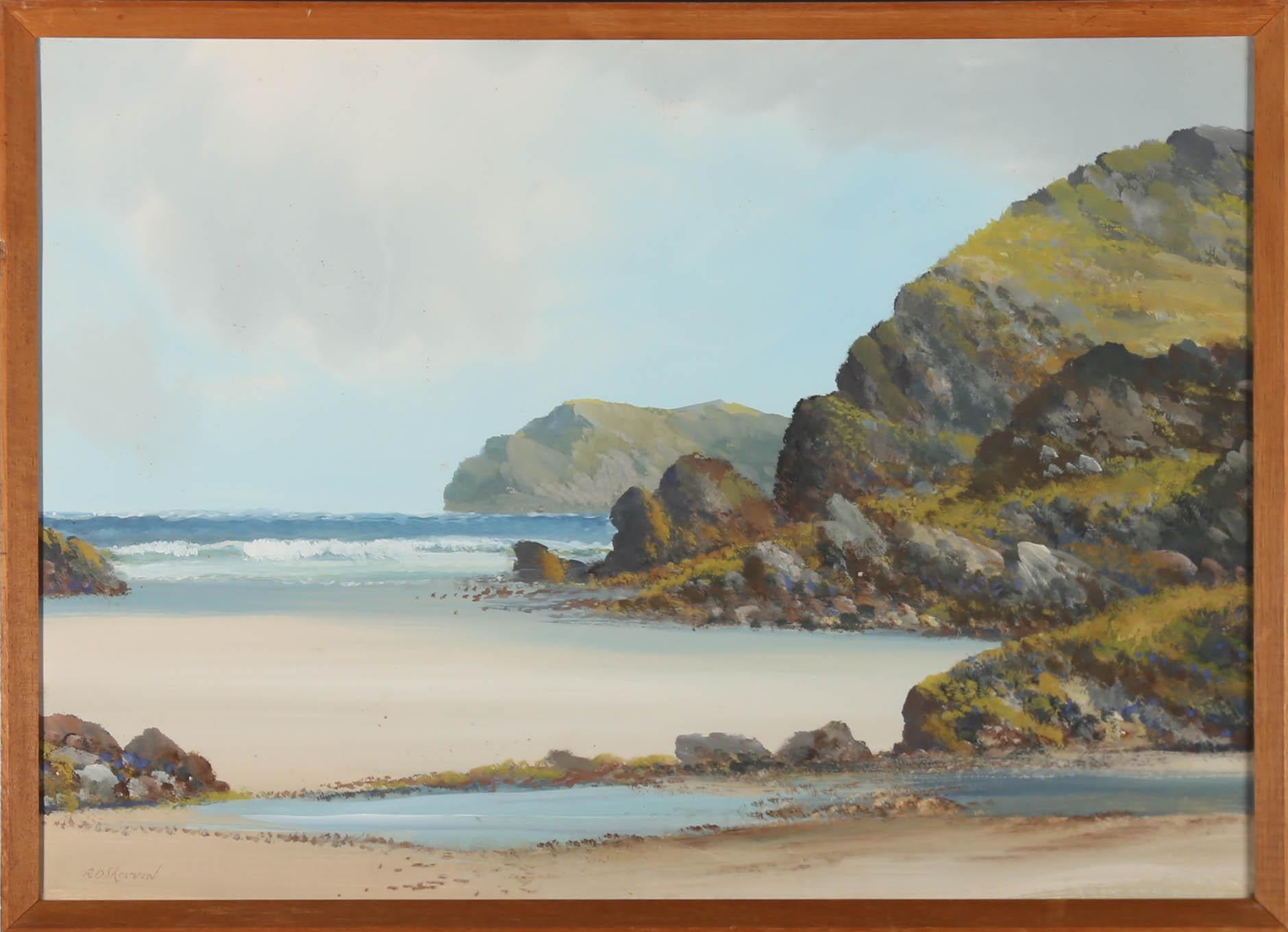 A relaxing coastal scene in gouache by British landscape artist Reginald Daniel Sherrin (1981-1971). Well-present in a charming box style frame. Signed. On board.