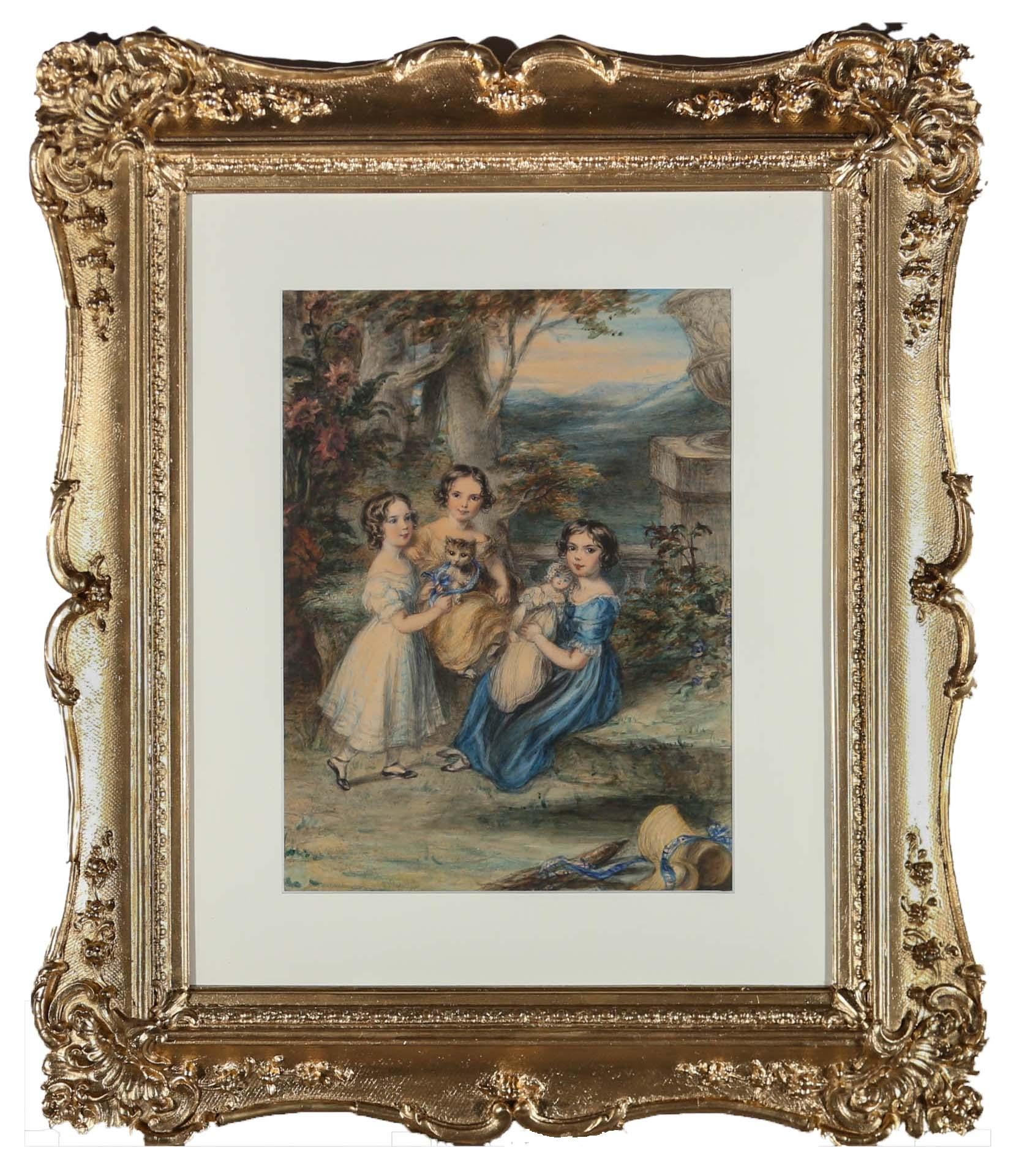 Unknown Portrait - Early 19th Century Watercolour - Children on the Terrace