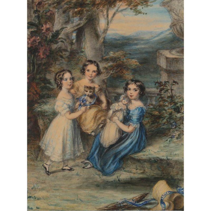 Early 19th Century Watercolour - Children on the Terrace - Art by Unknown