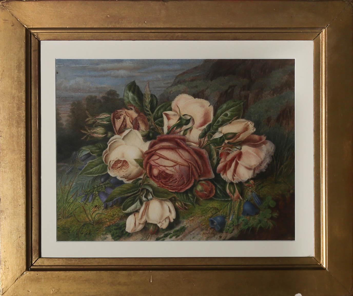 A charming 19th Century floral watercolour showing a bouquet of roses and delicate purple campanula on a grassy hillside. The artist has signed and dated faintly to the lower edge. Presented in a simple gilt frame with card mount. On paper.