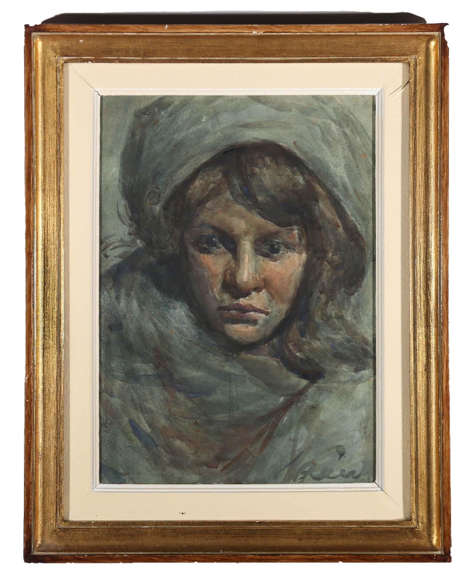 A striking watercolour study depicting a woman draped in blue staring directly at the viewer. Her eyes are piercing and she wears a stony expression in her face. Unsigned. Presented in a rustic gilt frame. On paper.
