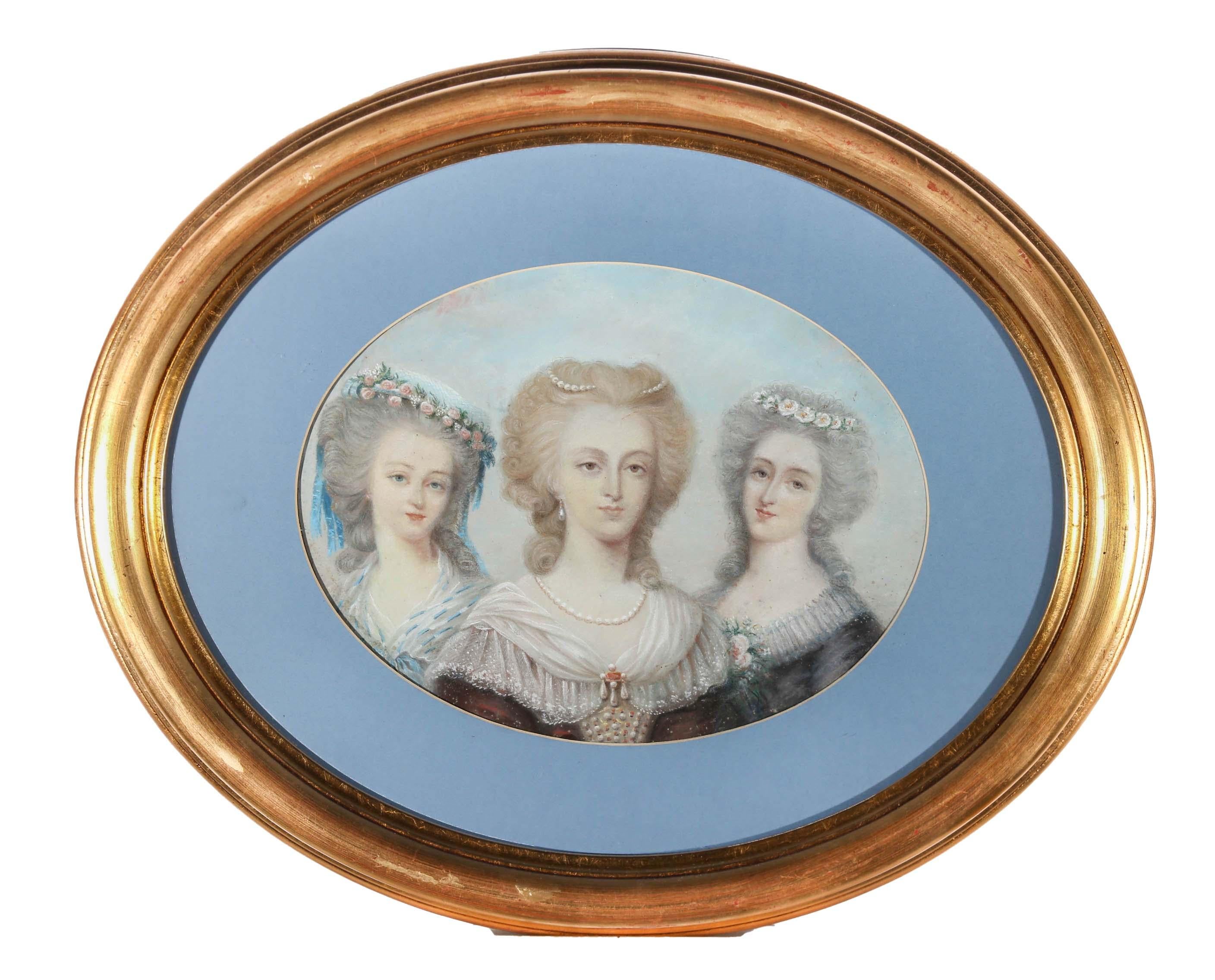 A delightful pastel portrait depicting three Regency women in fashionable dress. The style is a of the French revival period of the early 20th Century, where Regency fashion became a topic of many artists. The ladies are captures in excellent