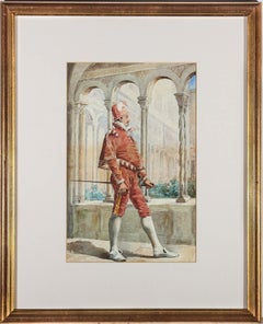 Antique Framed 19th Century Watercolour - Cavalier at Court