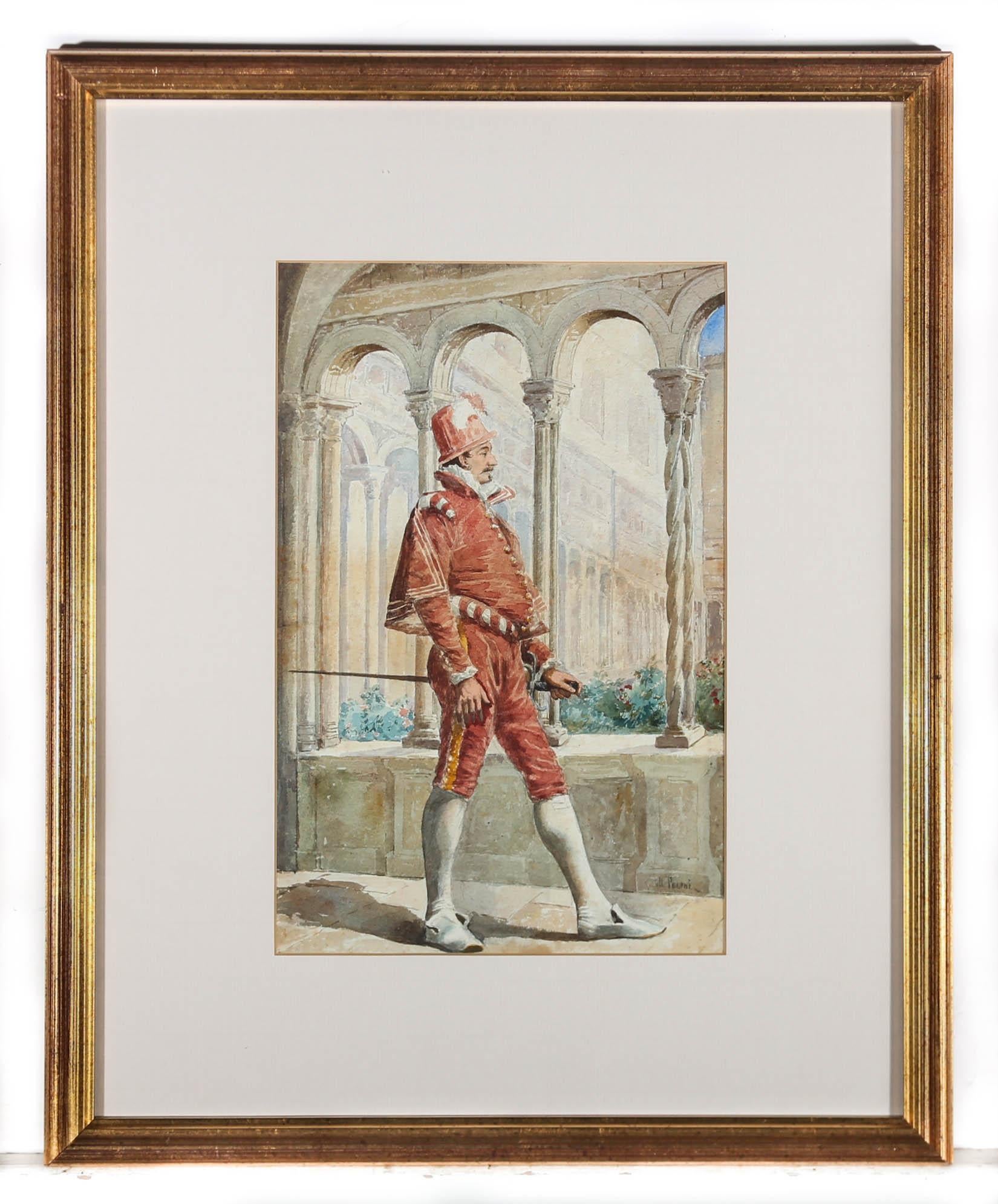 A fine 19th century watercolour of a noble cavalier walking the cloisters at court. The artist has caught the gallant figure dressed in red, clutching a sword in his left hand. Indistinctly signed to the lower right. Presented in a new card mount