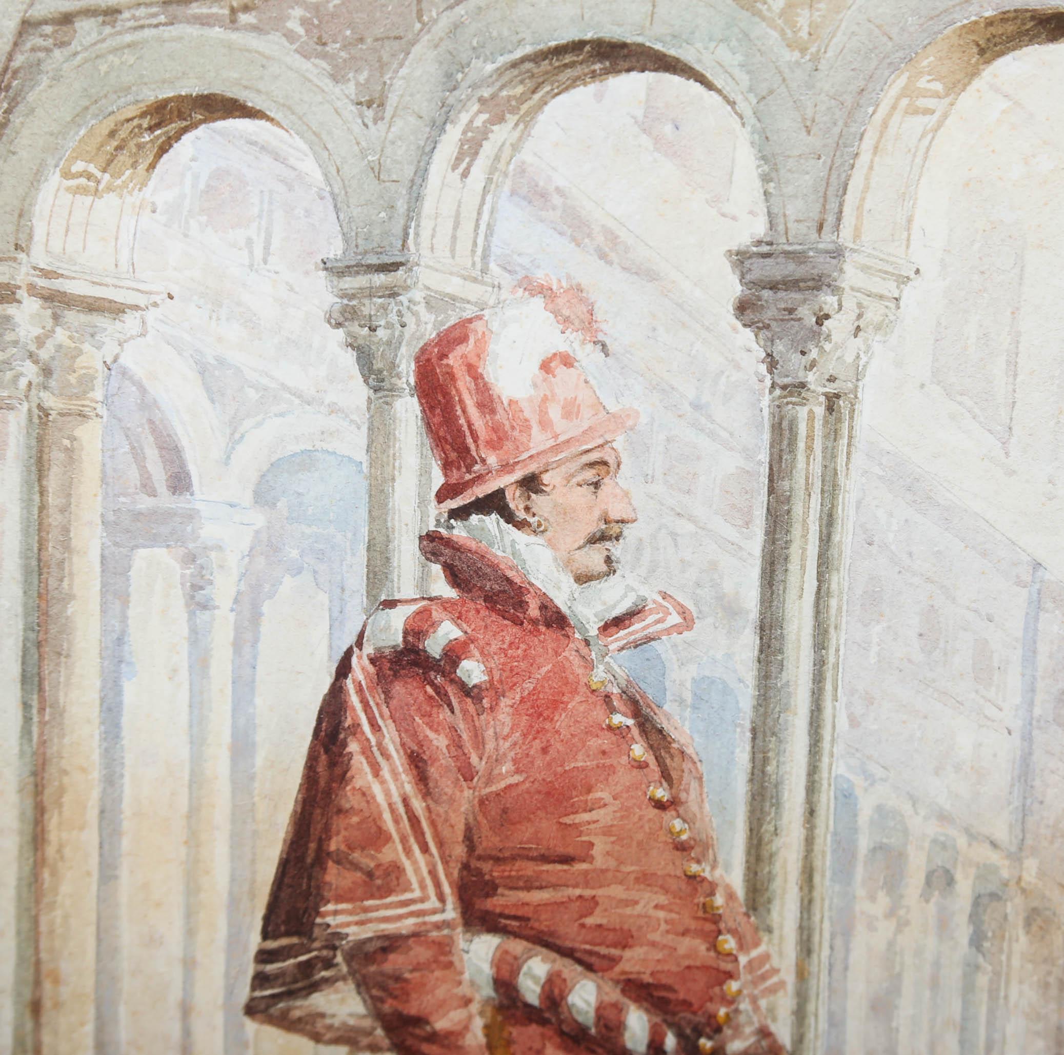 Framed 19th Century Watercolour - Cavalier at Court For Sale 1