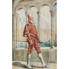 Framed 19th Century Watercolour - Cavalier at Court