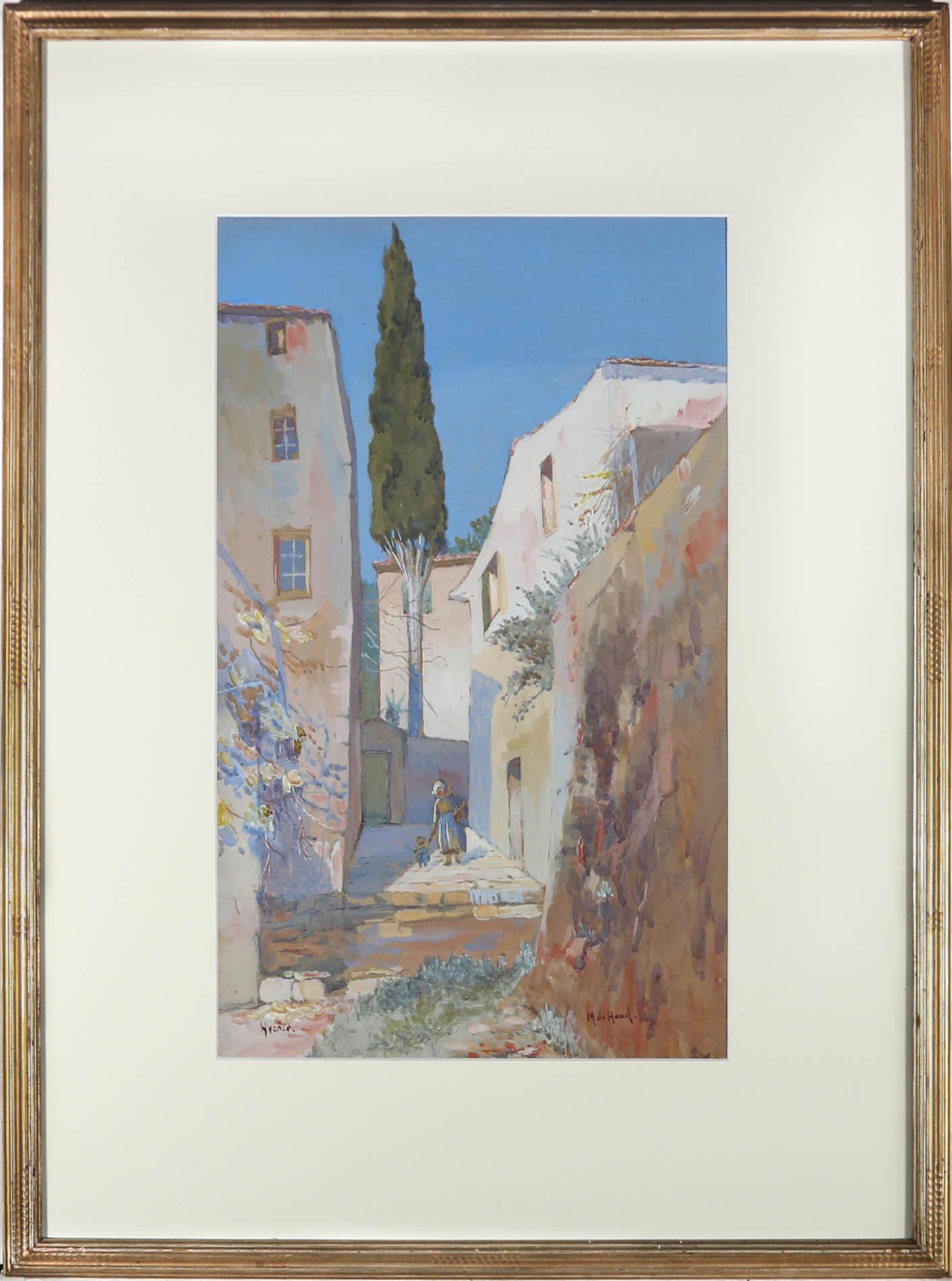 Landscape Art de Unknown - Gouache enmarcado de mediados del siglo XX - Escena de patio italiano