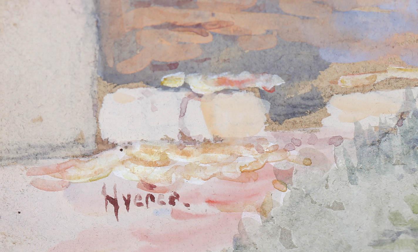 Gouache enmarcado de mediados del siglo XX - Escena de patio italiano en venta 1
