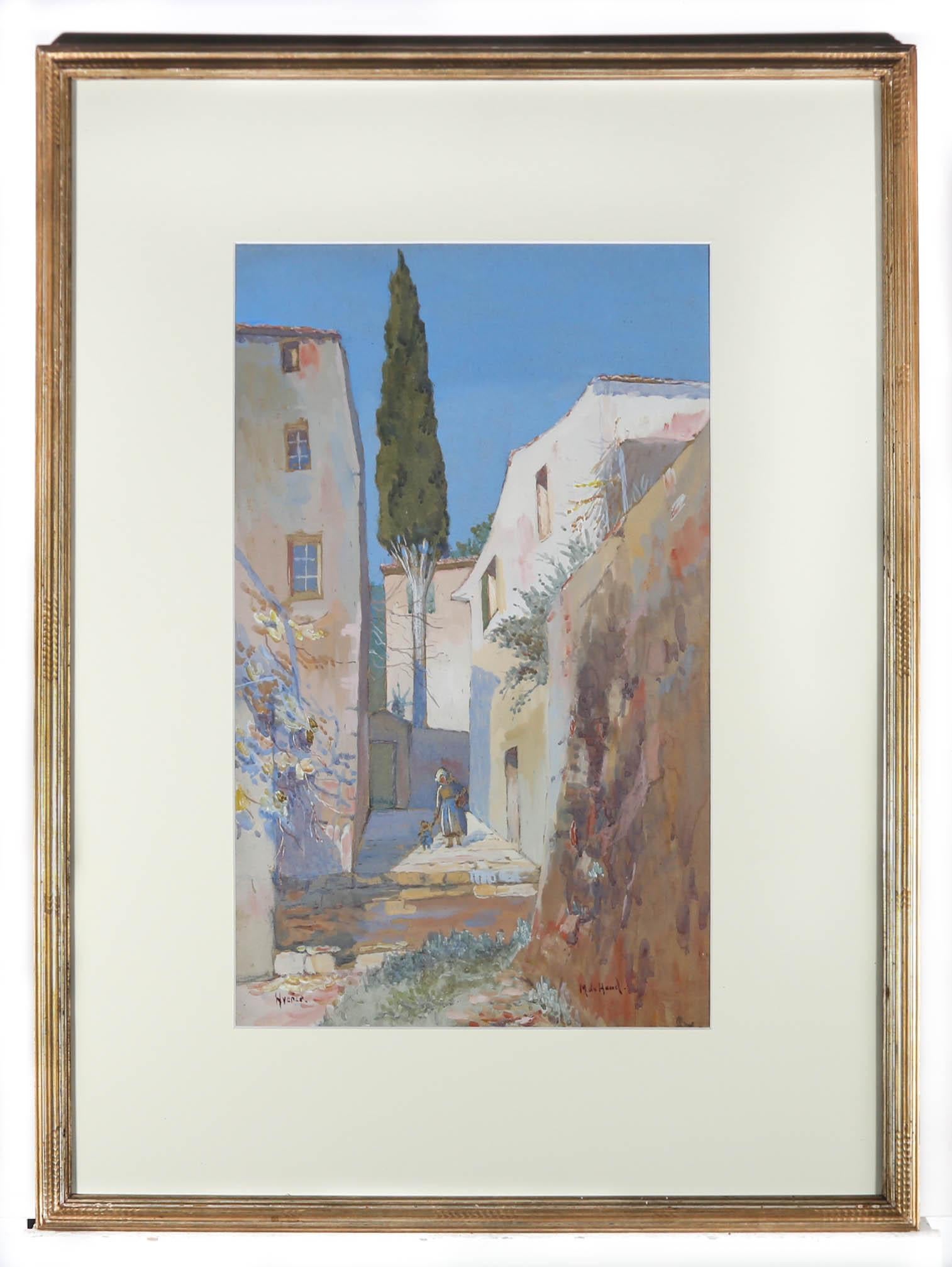 Gouache enmarcado de mediados del siglo XX - Escena de patio italiano - Landscape Art Gris de Unknown
