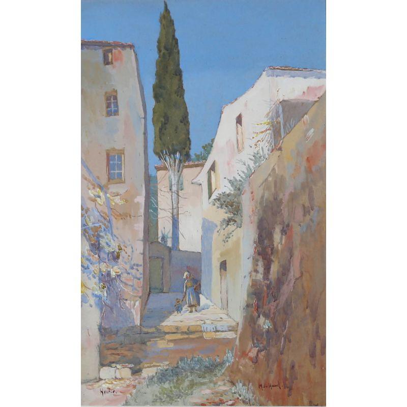 Gouache enmarcado de mediados del siglo XX - Escena de patio italiano - Art de Unknown