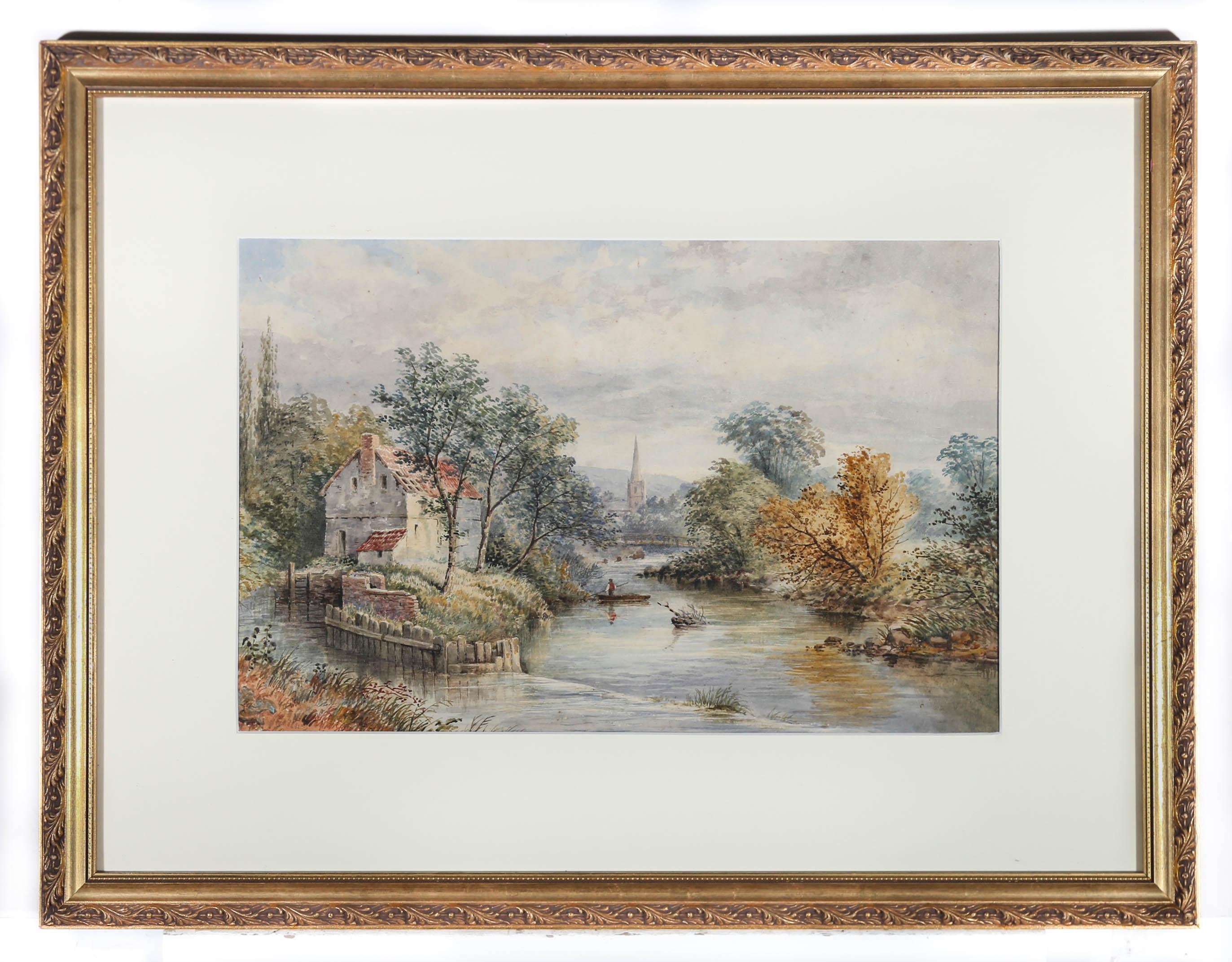 A charming Victorian watercolour landscape, showing a winding river heading towards a distant church steeple. A figure punts a boat along the sparkling water with a rustic dilapidated house sitting on the bank to the left. The water rushes over the