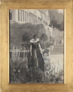 Framed 19th Century Watercolour - Mother & Child in a Garden Landscape