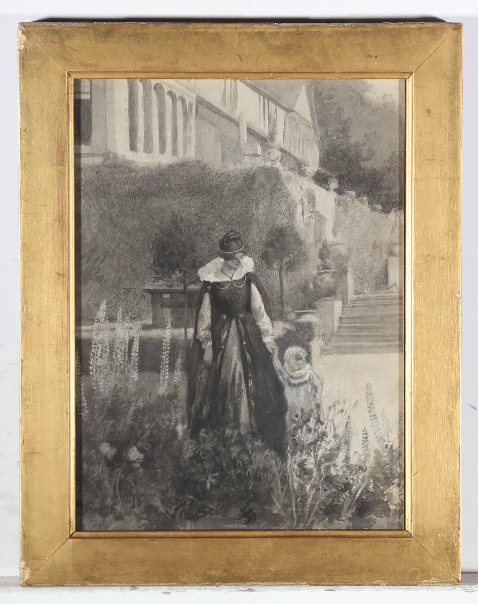 A highly detailed monochrome watercolour of a mother and child exploring the garden at their grand country residence. Beautifully presented in a period gilt slip. On paper.
