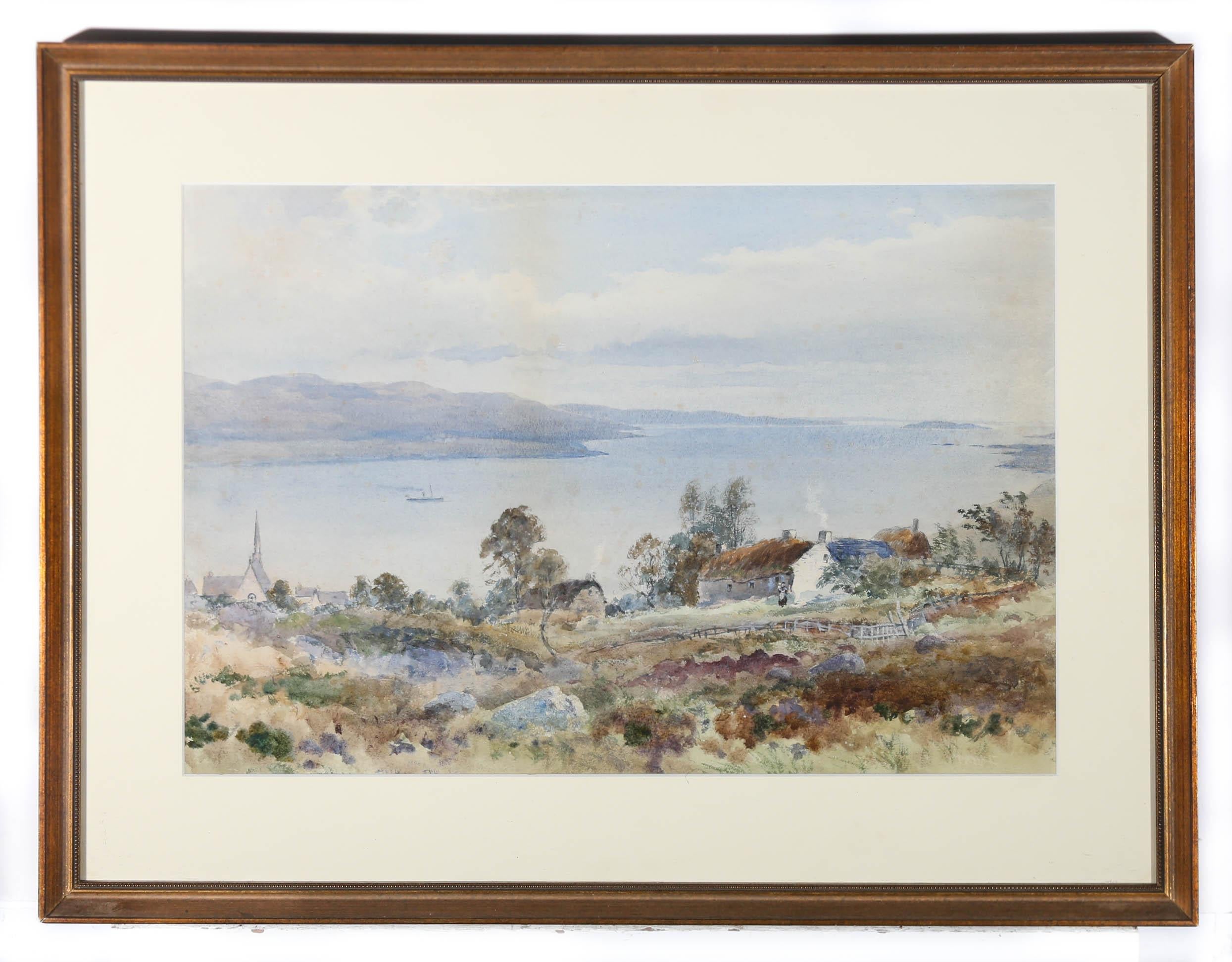 A delightful watercolour of an estuary view, captured from the elevated viewpoint behind several thatched cottage fields. Unsigned. Well-presented in a fine gilt-effect frame with new card mount. On watercolour paper. 

