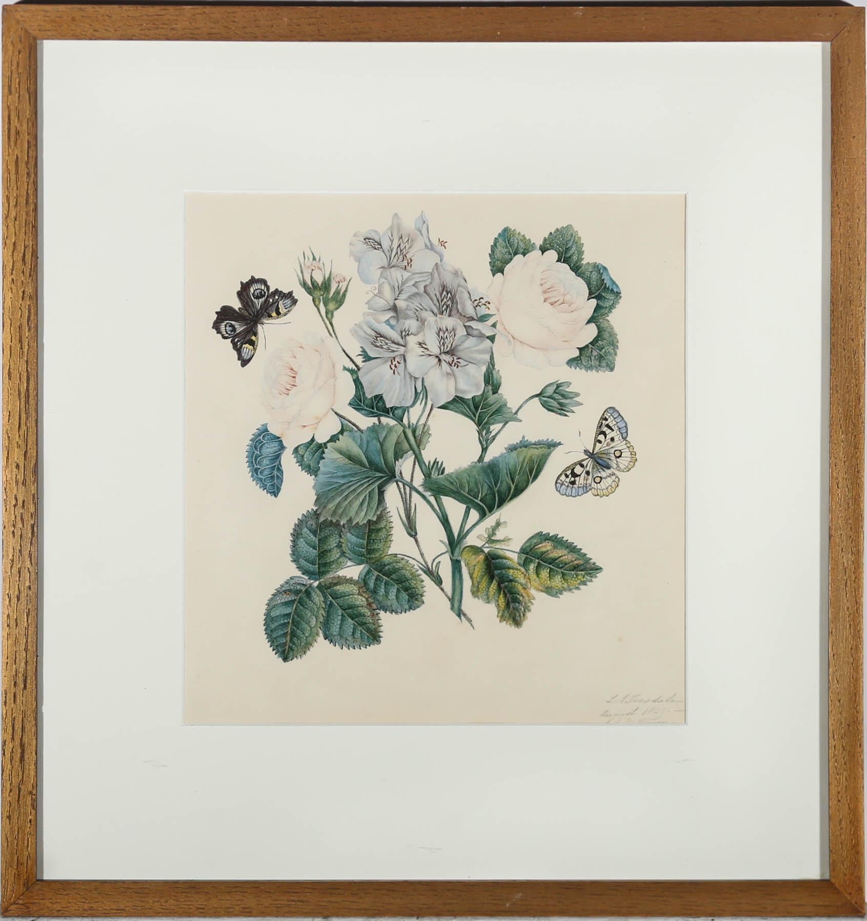 Unknown Still-Life - Framed Georgian Watercolour - Roses & Lilies