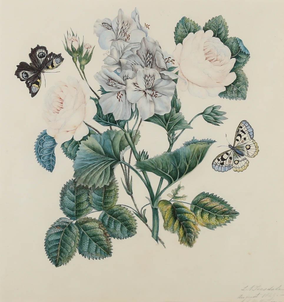 Gerahmtes georgianisches Aquarell – Rosen und Lilien – Art von Unknown