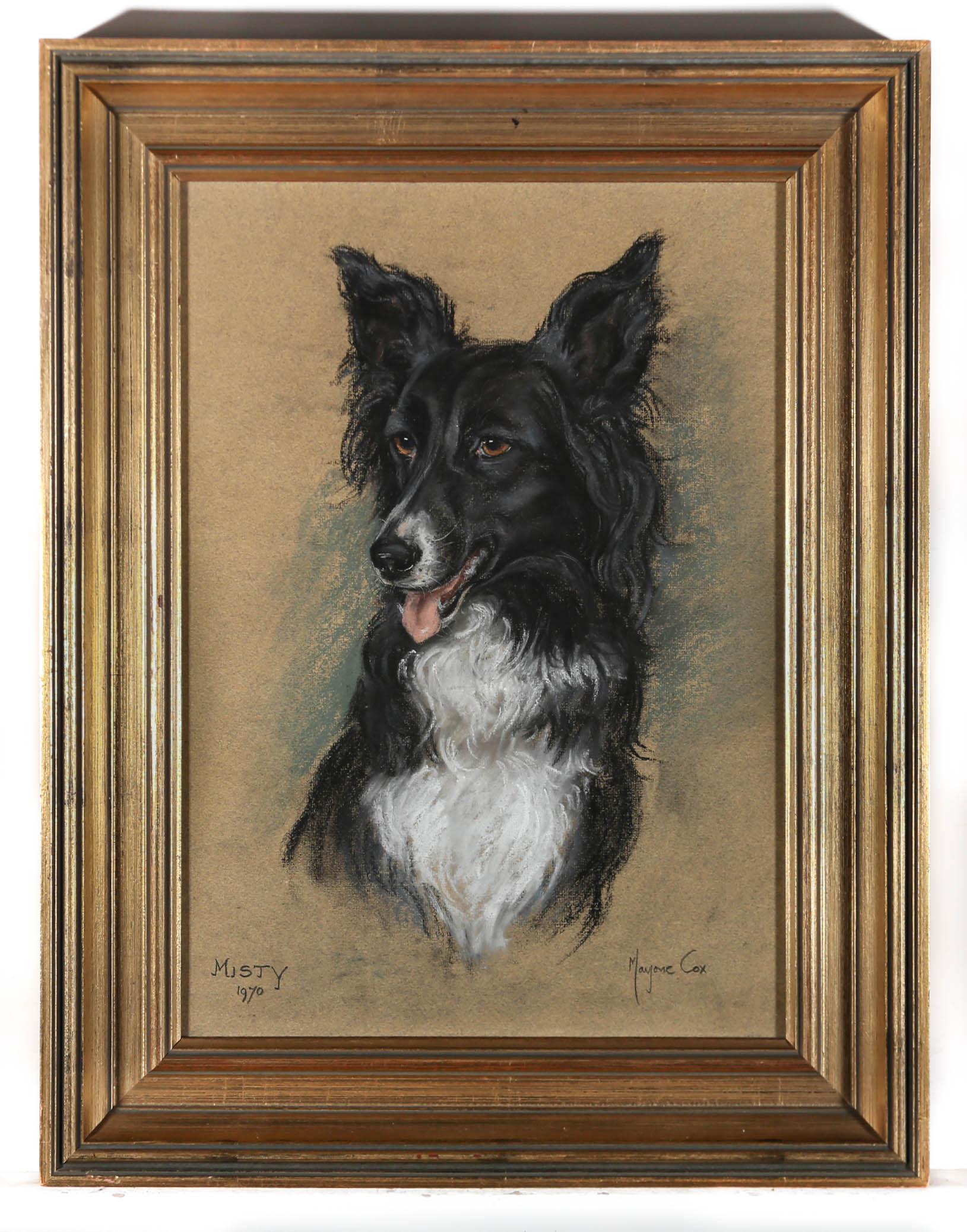 A fine pastel portrait of brown eyed Border Collie Misty, by the well-listed animal portraitist Marjorie Cox (1915-2003). Smartly mounted in a handsome gilt-effect frame with the artist's signature and title inscription to the lower margin. On