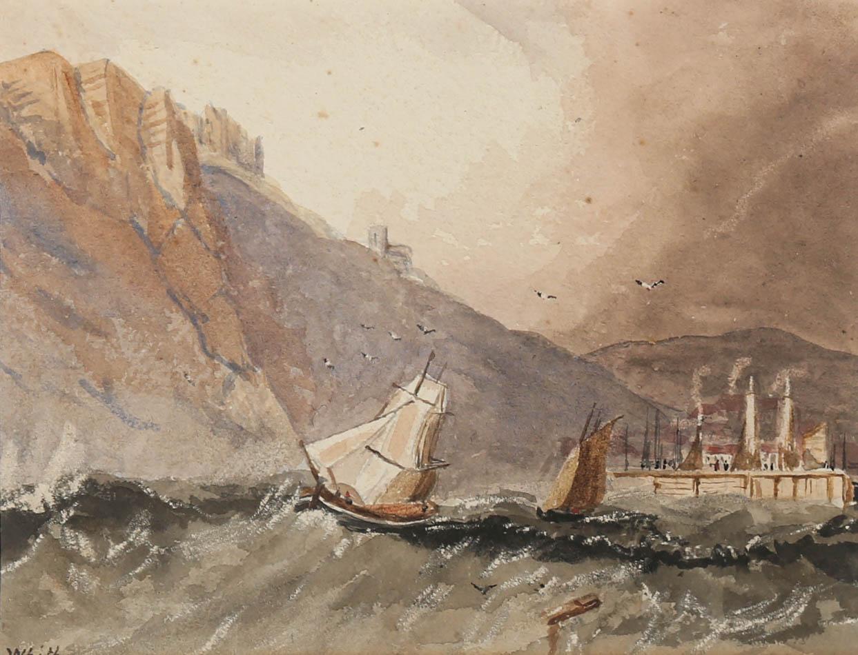 Sea birds can be seen circulating above two uneasy boats navigating their way out of Whitby harbour. Inscribed in pen to the lower left. The watercolour has been well presented in a delicate gilt frame with scrolling acanthus ornamentation and a new