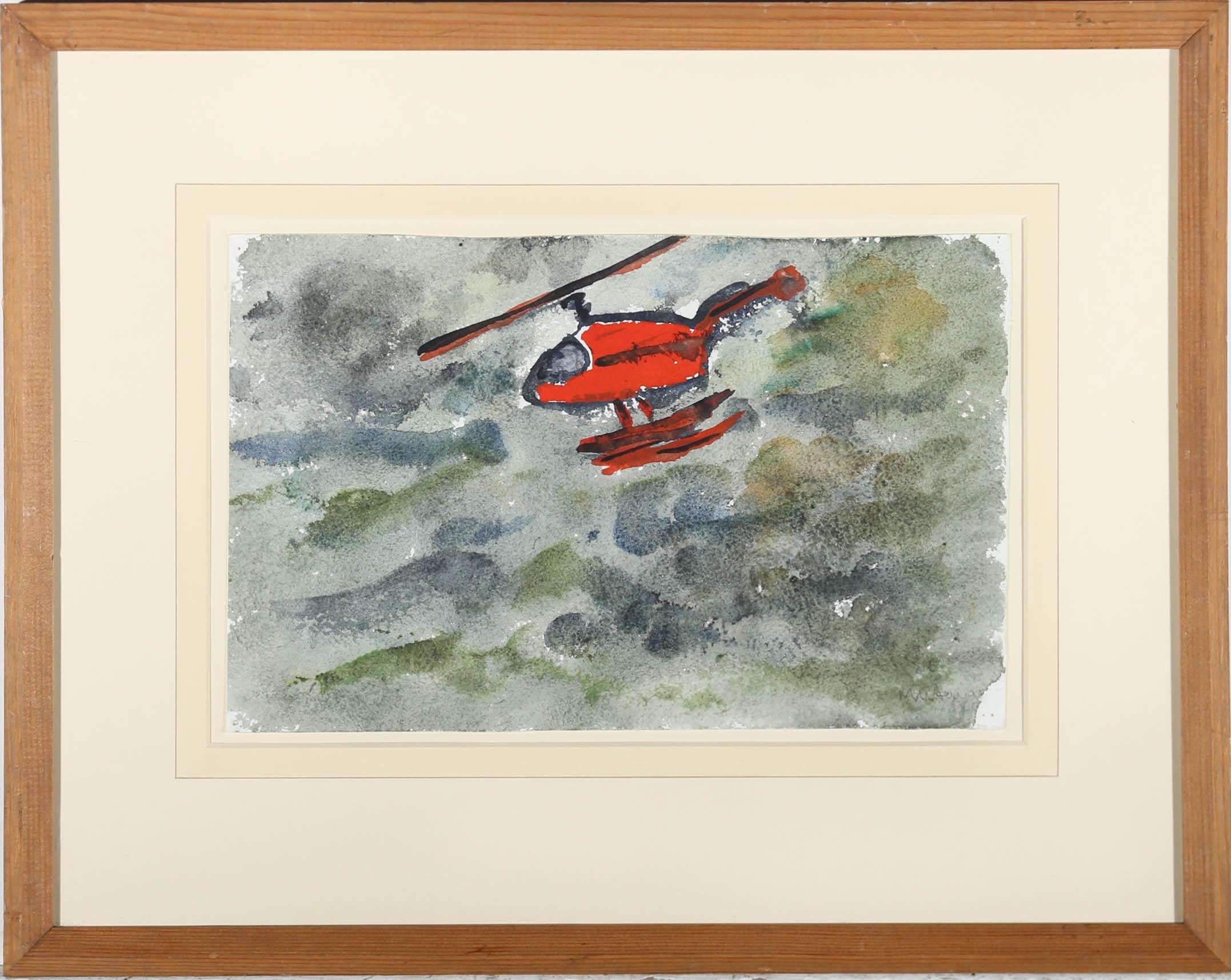 An original watercolour by contemporary artist Michael Davies (b.1947)- Little Red Chopper. Well-presented in a natural wood frame with a crisp wash-line mount. Signed to the lower right. On watercolour paper.
