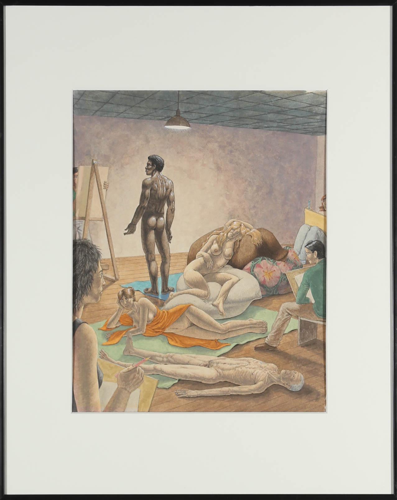 A striking scene depicting a life drawing class with nude models posing for artists. The artist captures the scene in a highly stylised manner giving all of the figures a great sense of character. Signed and dated to the lower right. Presented in a