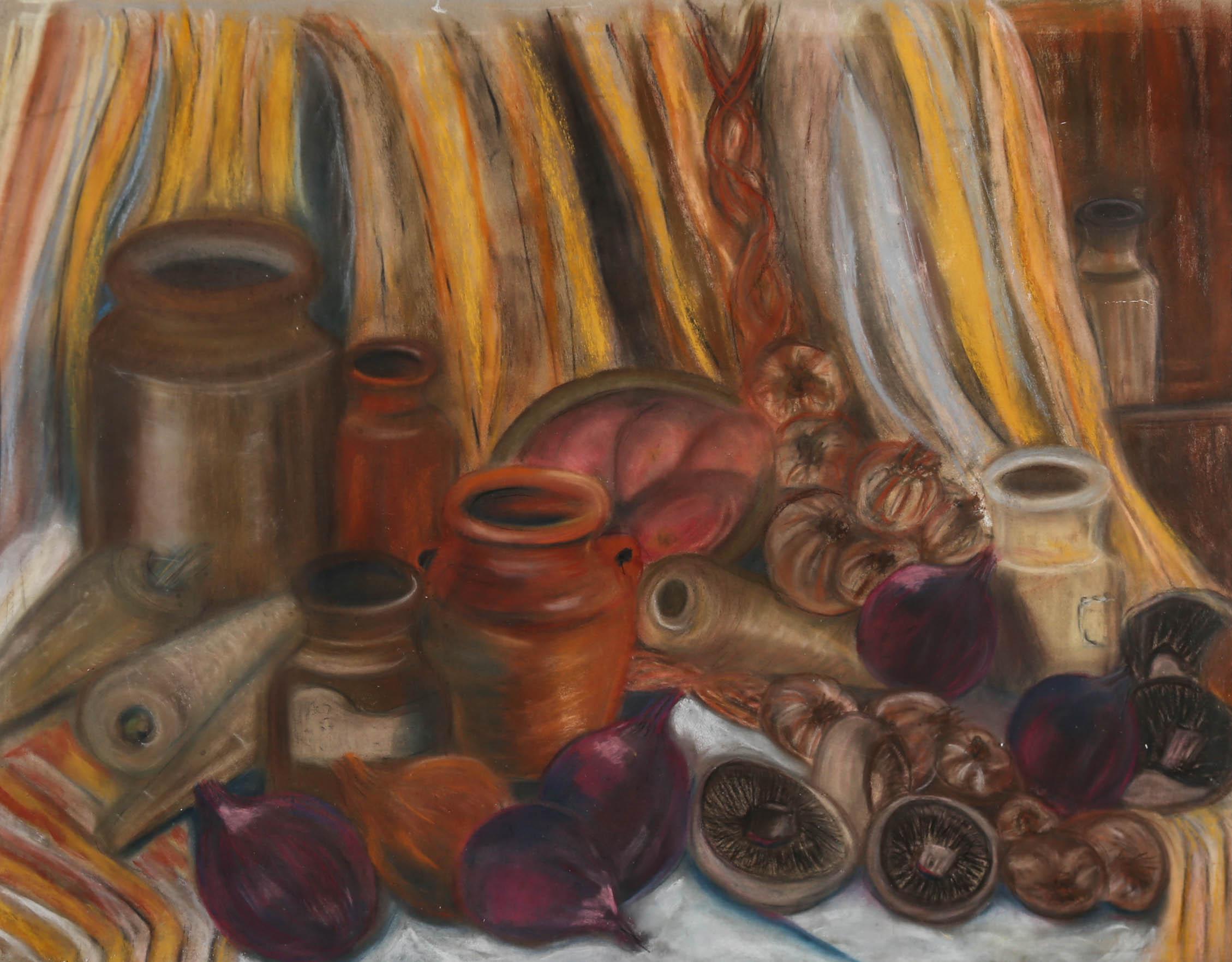 Hilary McMaster - Framed Contemporary Pastel, Red Onions & Pots 1